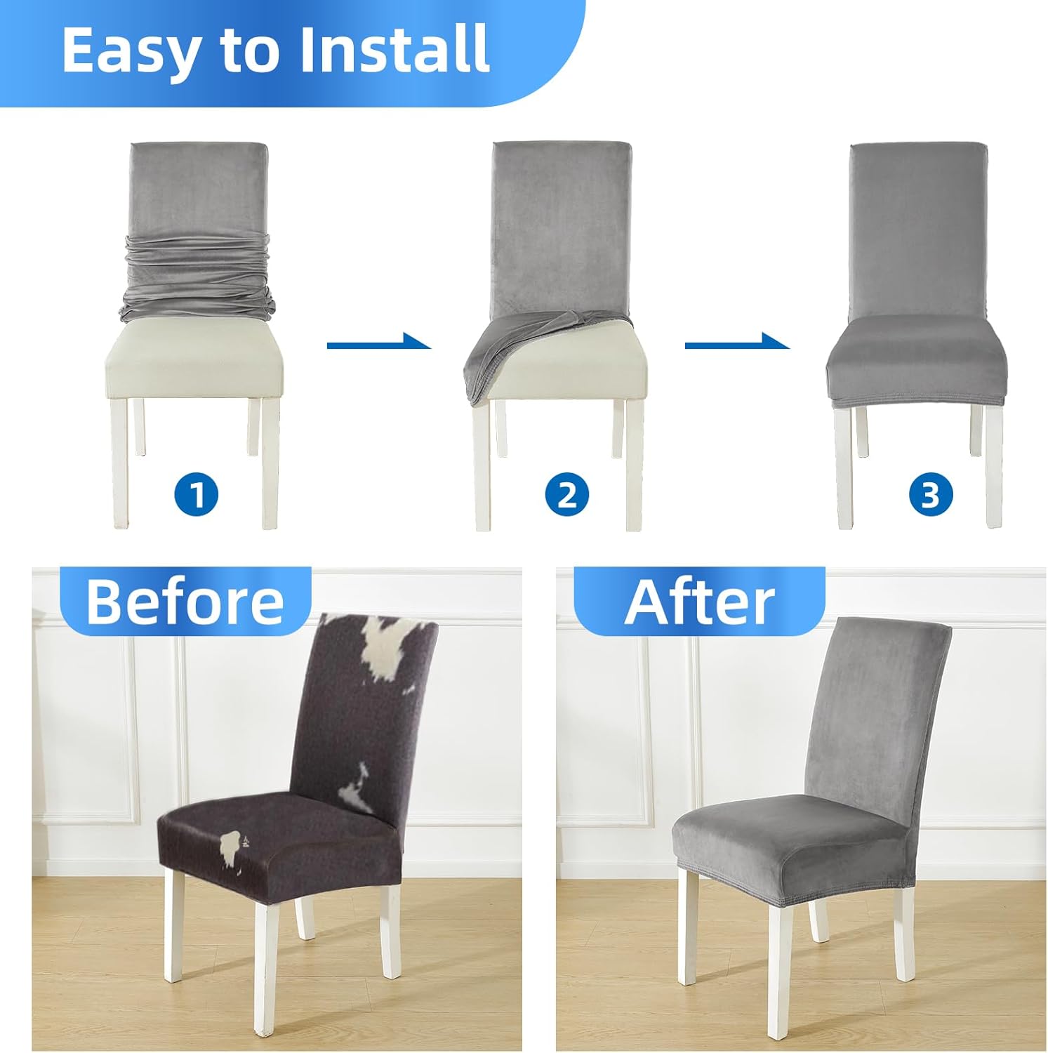 Coprisedie con Schienale in Velluto - Set da 6 Pezzi, Grigio Chiaro - immagine 6