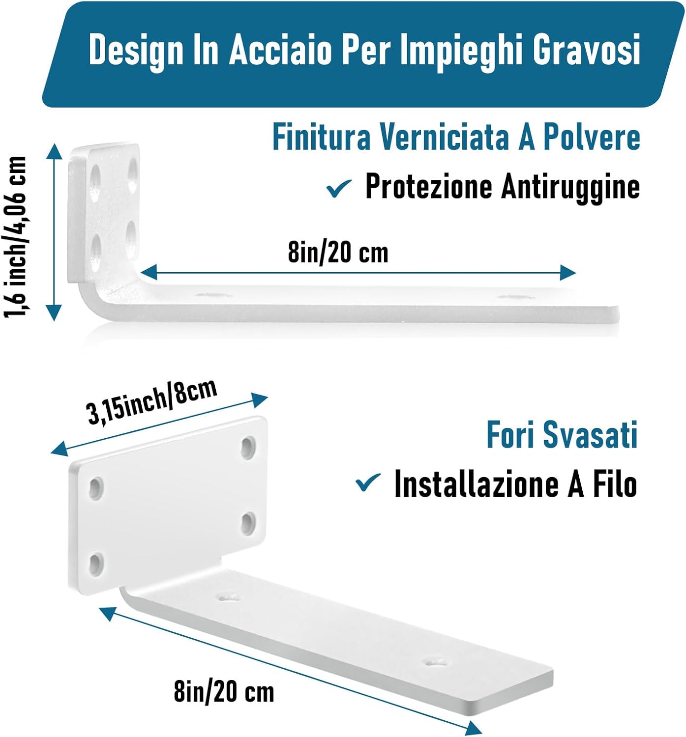 8 Pezzi Reggimensola Invisibile da Muro, Bianco 20cm - immagine 2