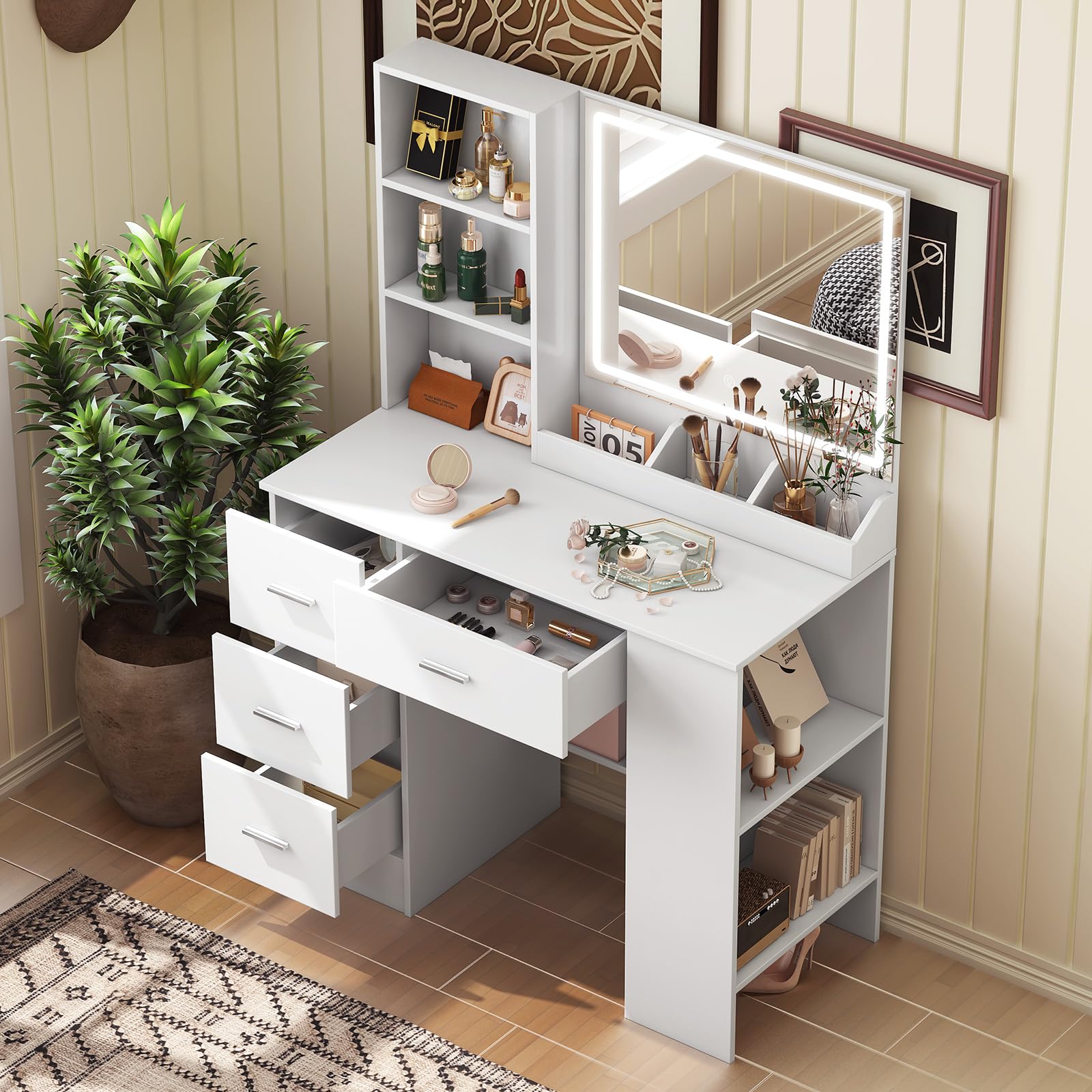 Toeletta Trucco con Specchio e Luci LED, Bianco