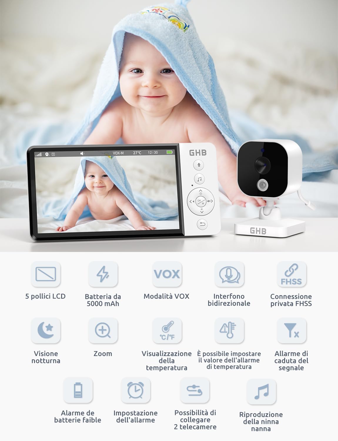 Ghb Baby Monitor Video 5" HD con Schermo IPS - immagine 2