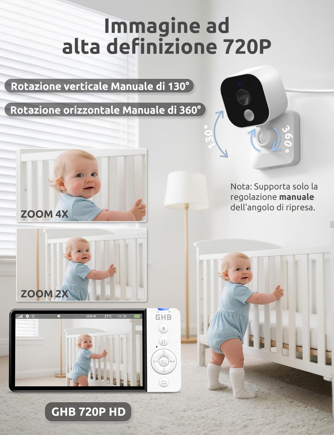Ghb Baby Monitor Video 5" HD con Schermo IPS - immagine 3