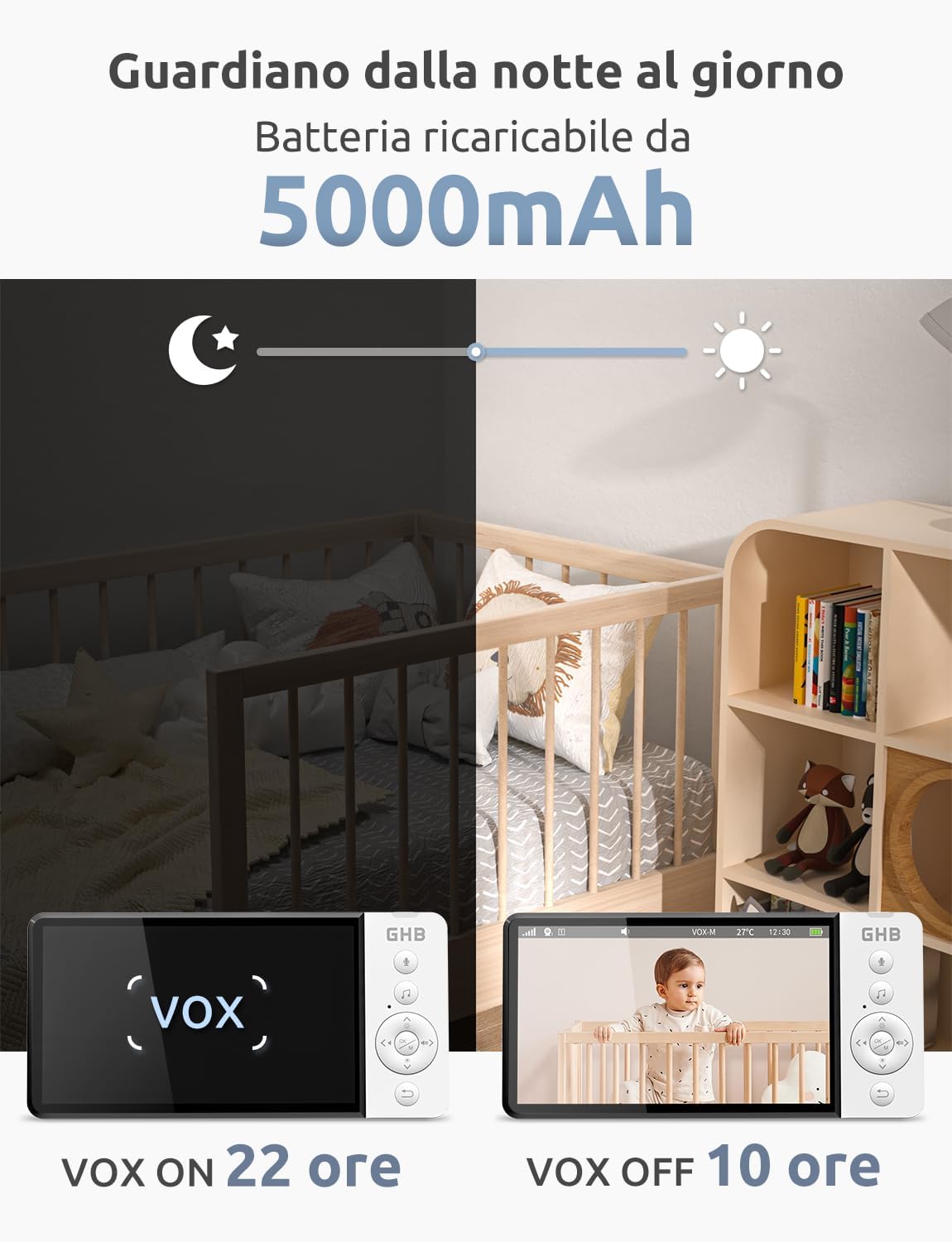 Ghb Baby Monitor Video 5" HD con Schermo IPS - immagine 5