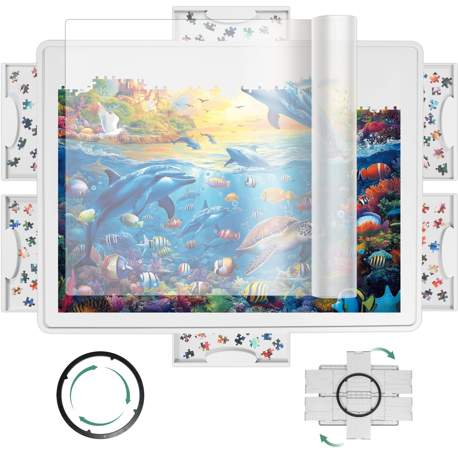 Truwheelz Piastra di puzzle girevole per 1500 pezzi con 6 cassetti e copertura