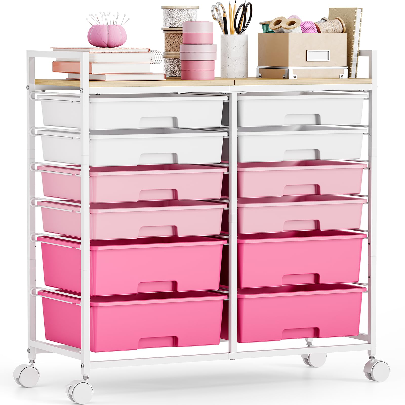 Carrello da Bagno con 12 Cassetti, Rosa