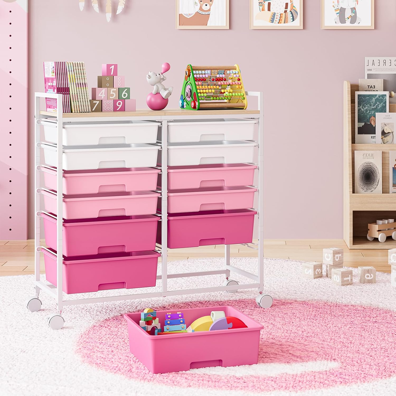 Carrello da Bagno con 12 Cassetti, Rosa - immagine 2