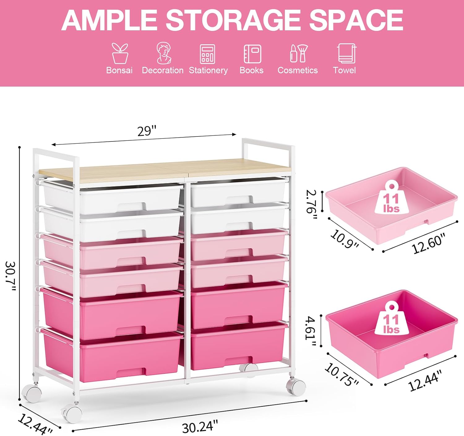 Carrello da Bagno con 12 Cassetti, Rosa - immagine 3