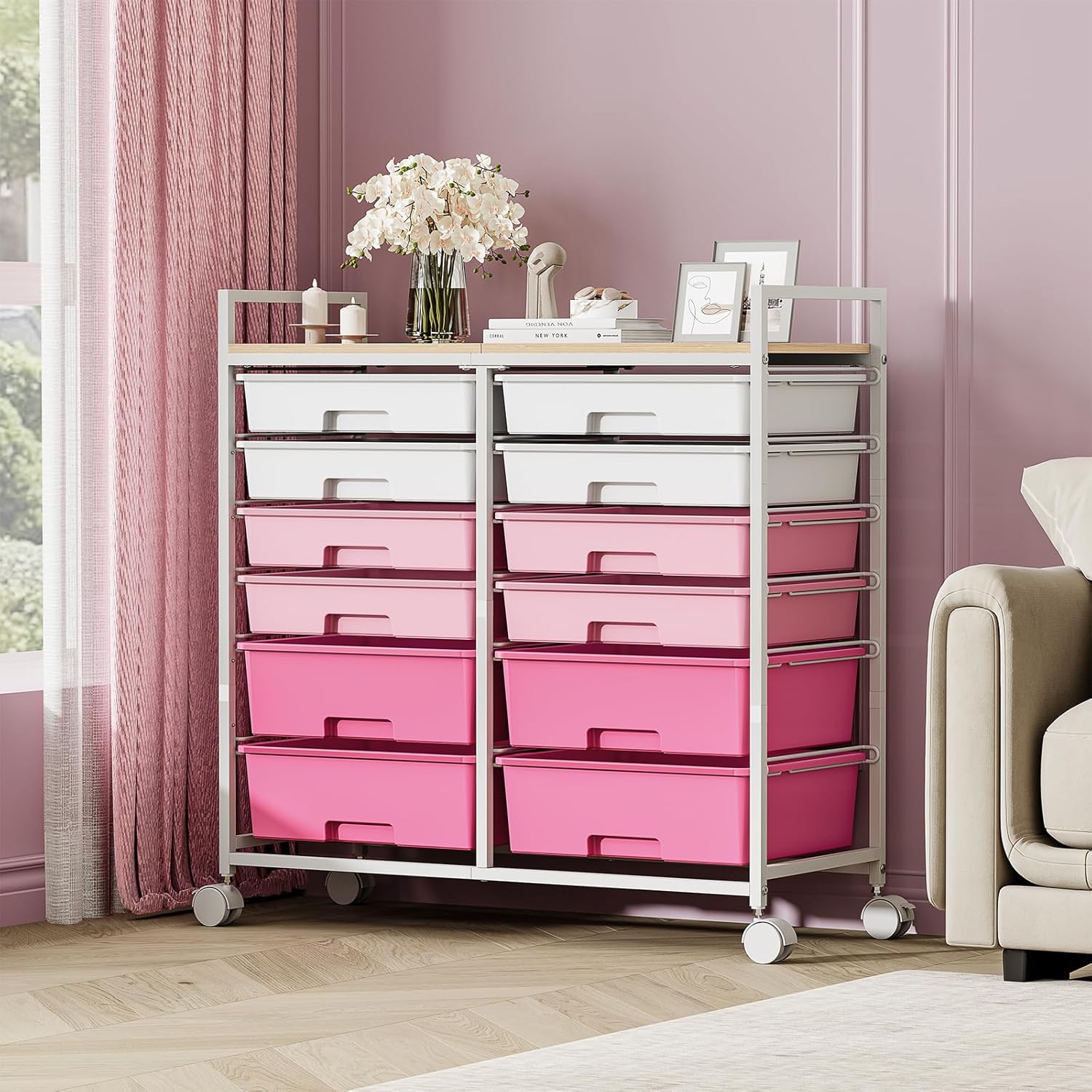 Carrello da Bagno con 12 Cassetti, Rosa - immagine 7