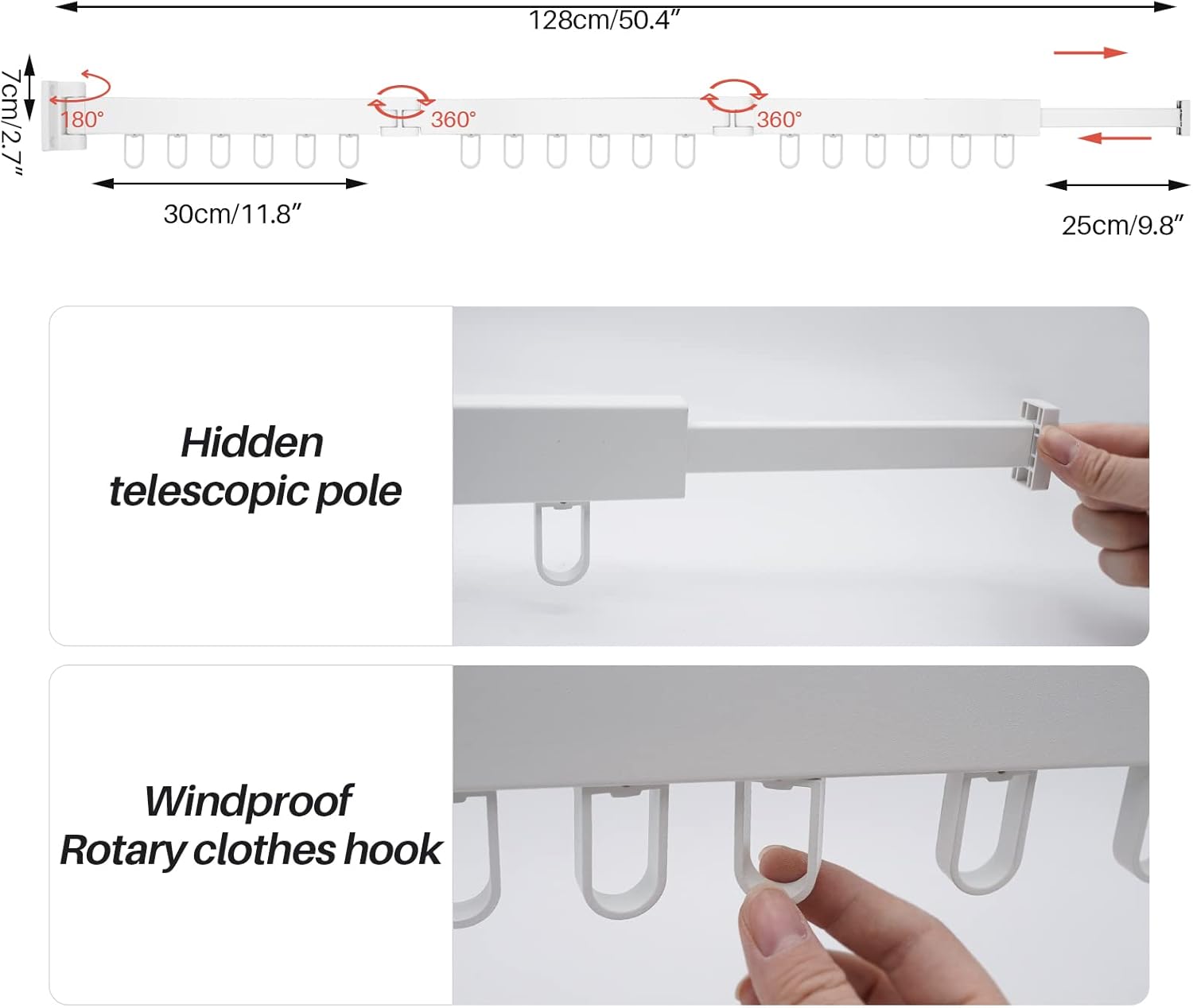Stendino a Parete Richiudibile 128cm, Bianco - immagine 6