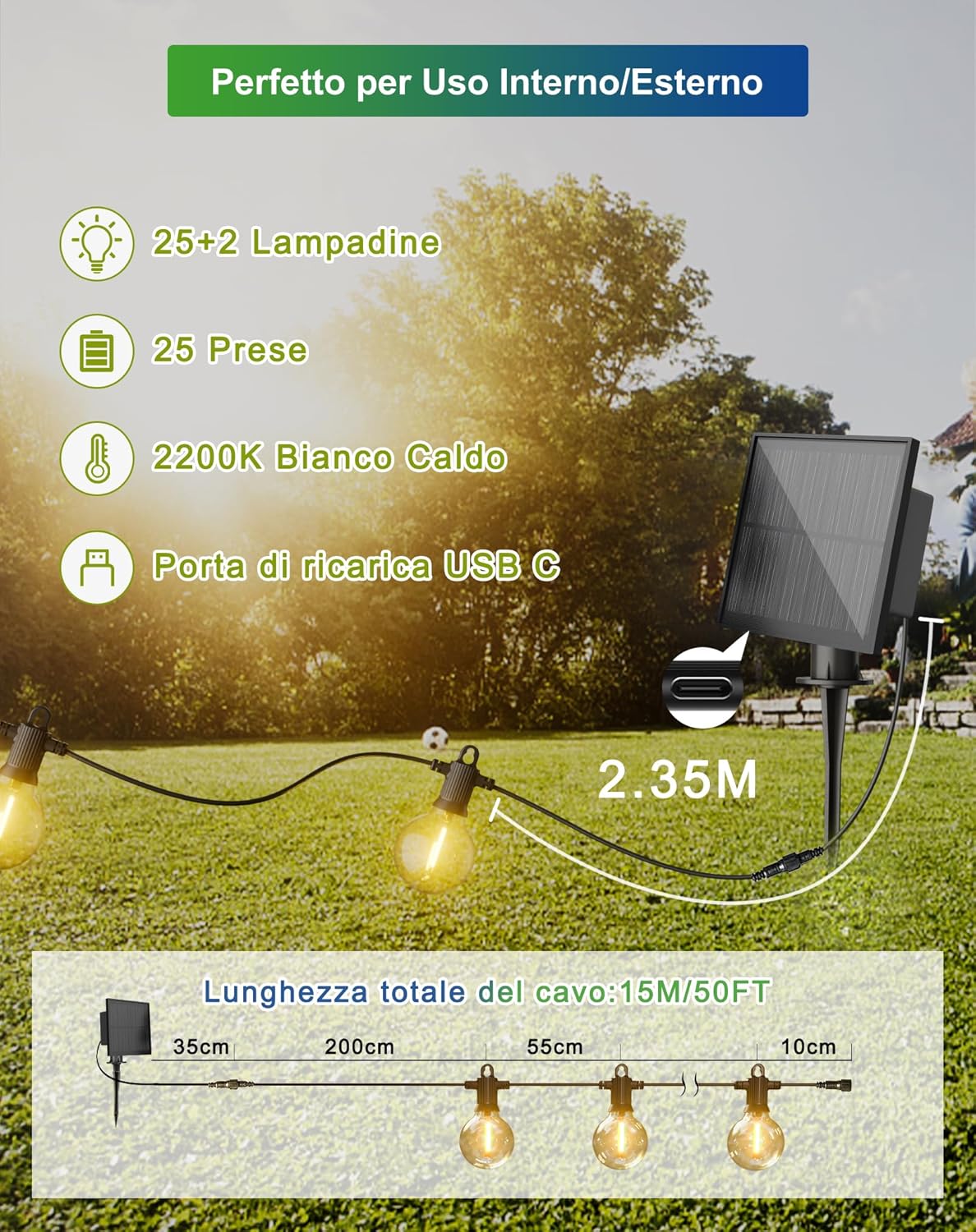 Zuske Catena Luminosa Esterno Solare 15M, Bianco Caldo - immagine 5