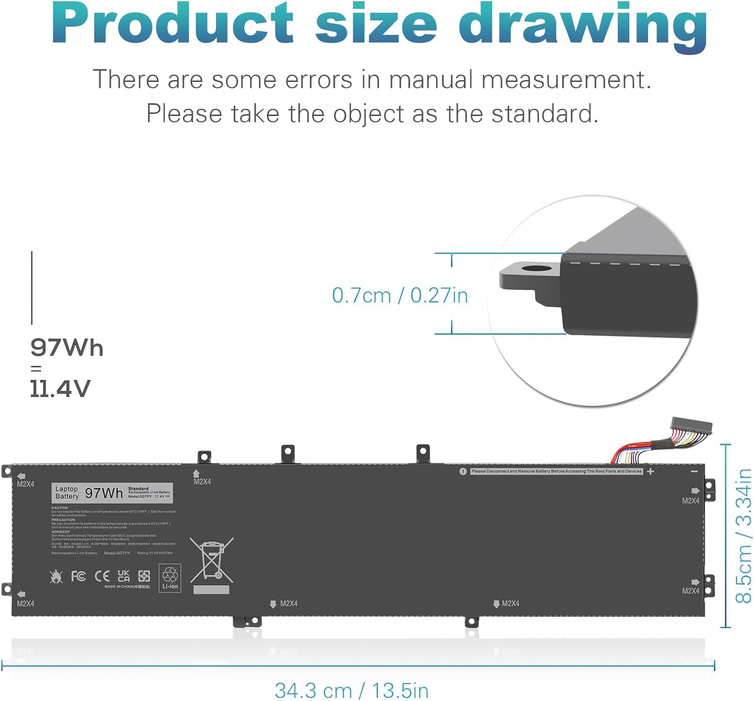 Asuncell Batteria 11.4V/97Wh 6GTPY per Dell XPS 15 - immagine 2