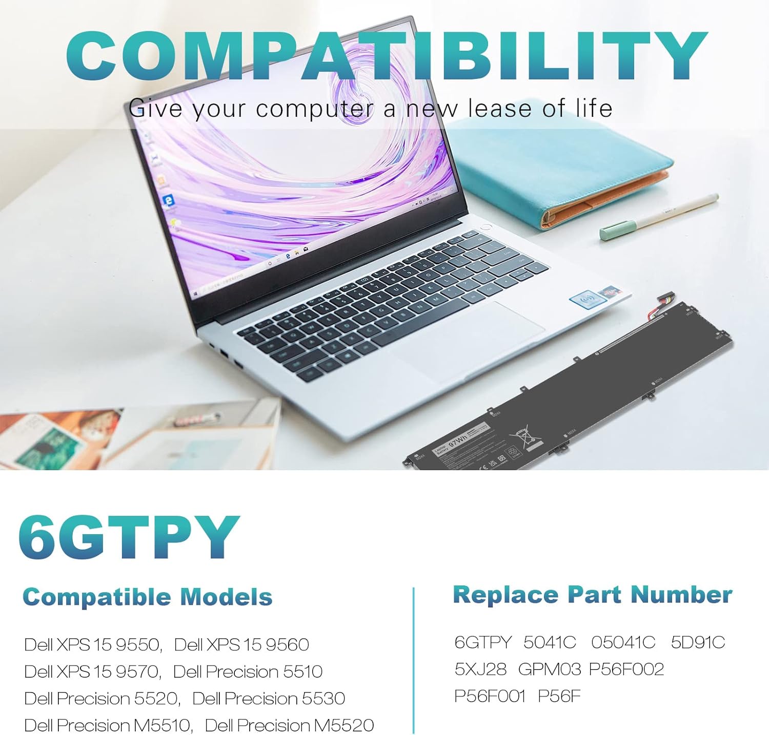 Asuncell Batteria 11.4V/97Wh 6GTPY per Dell XPS 15 - immagine 3