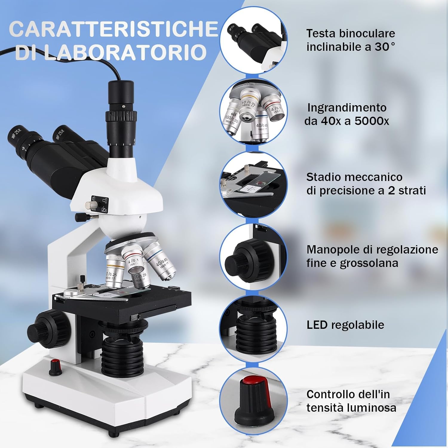 Microscopio Ottico Trinoculare 40x-5000x Professionale - immagine 4