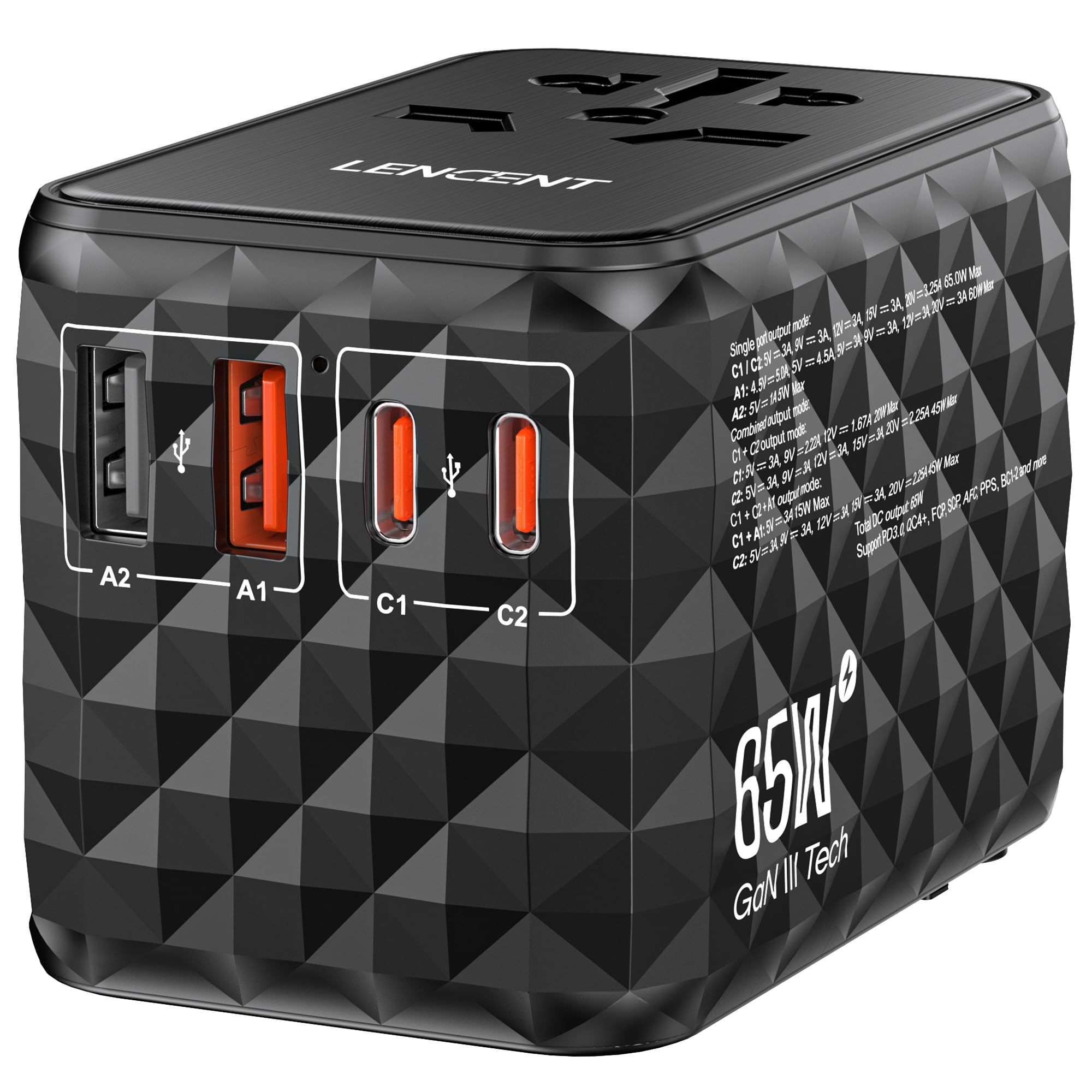 Lencent 65W Adattatore Universale da Viaggio, Nero