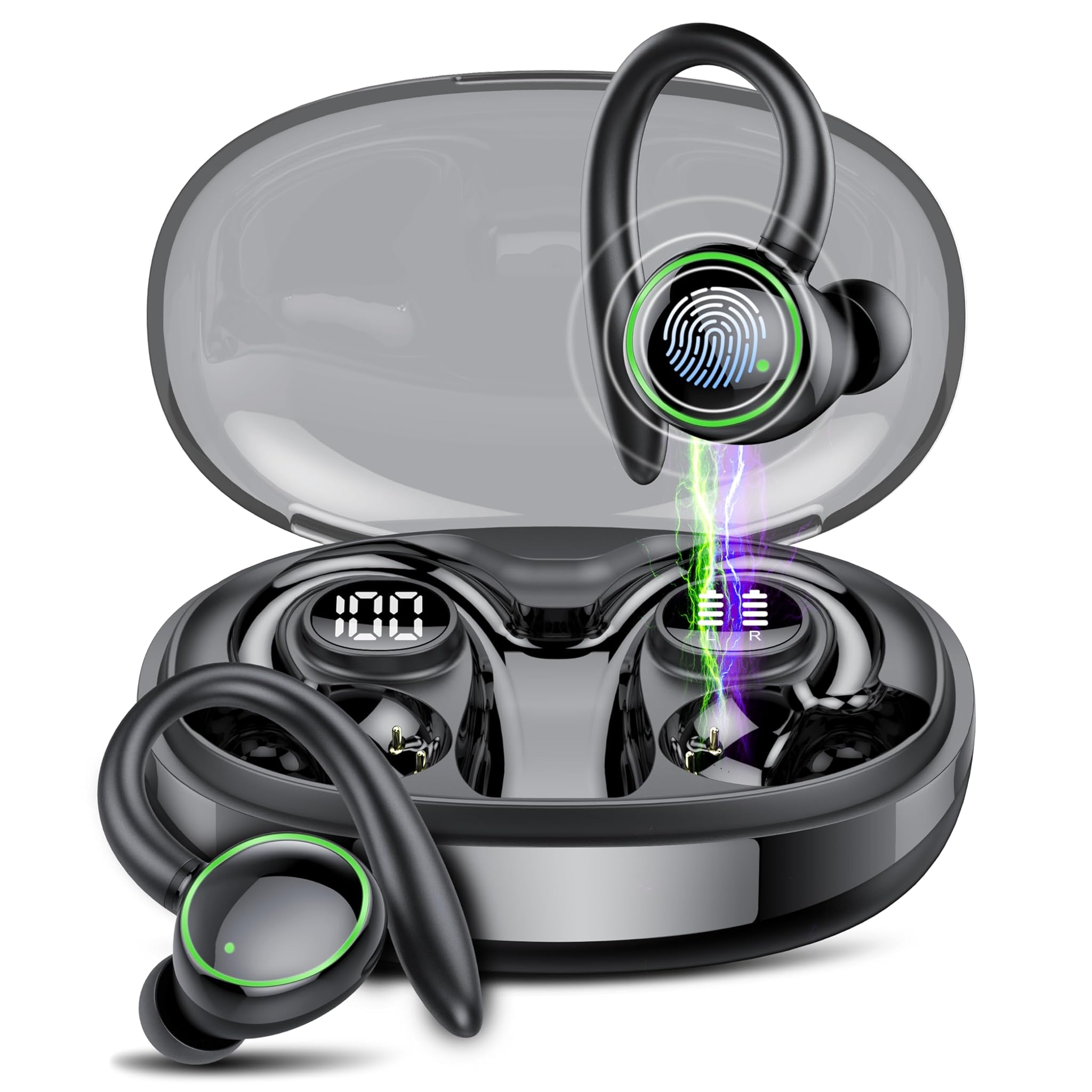 Cuffie Bluetooth Sport 5.3 Wireless In Ear con Ganci, Nero