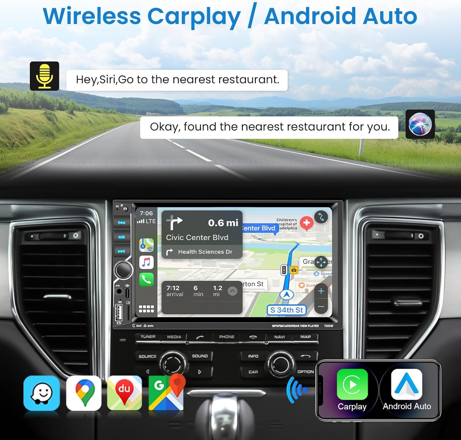 Vechtel Autoradio 2 Din Wireless Carplay Android Auto 7 Pollici - immagine 2