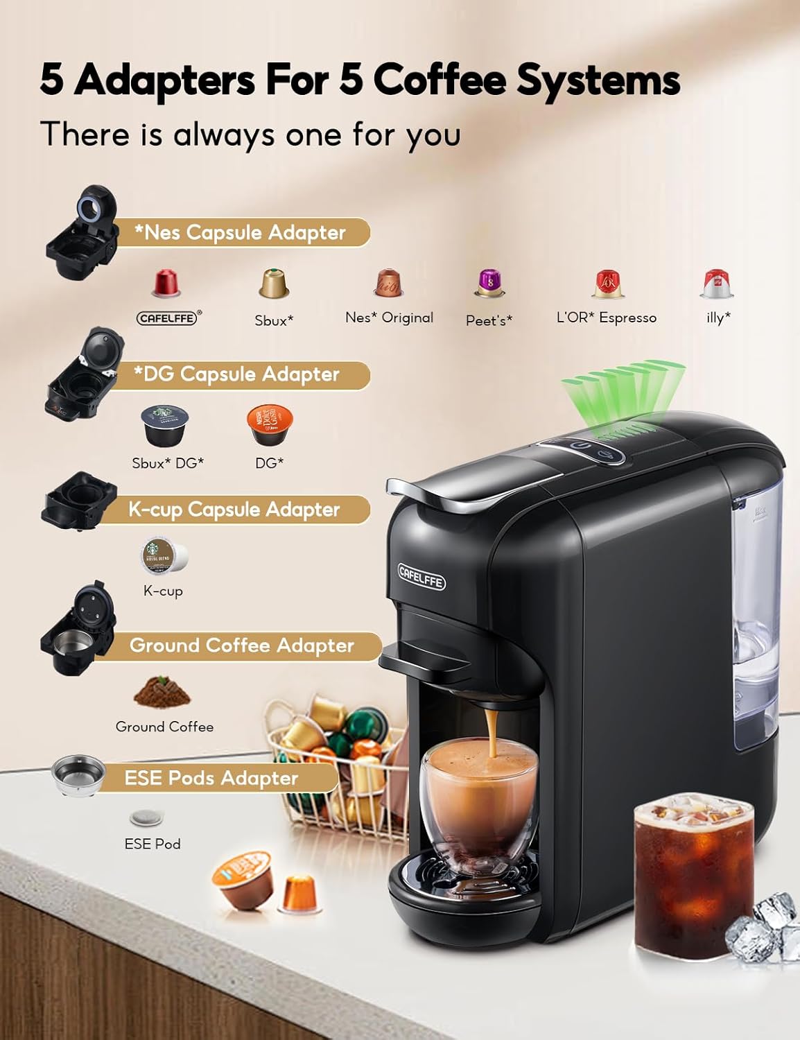 Cafelffe Macchina da Caffè 5 in 1 MK606 19 bar, Nera - immagine 2