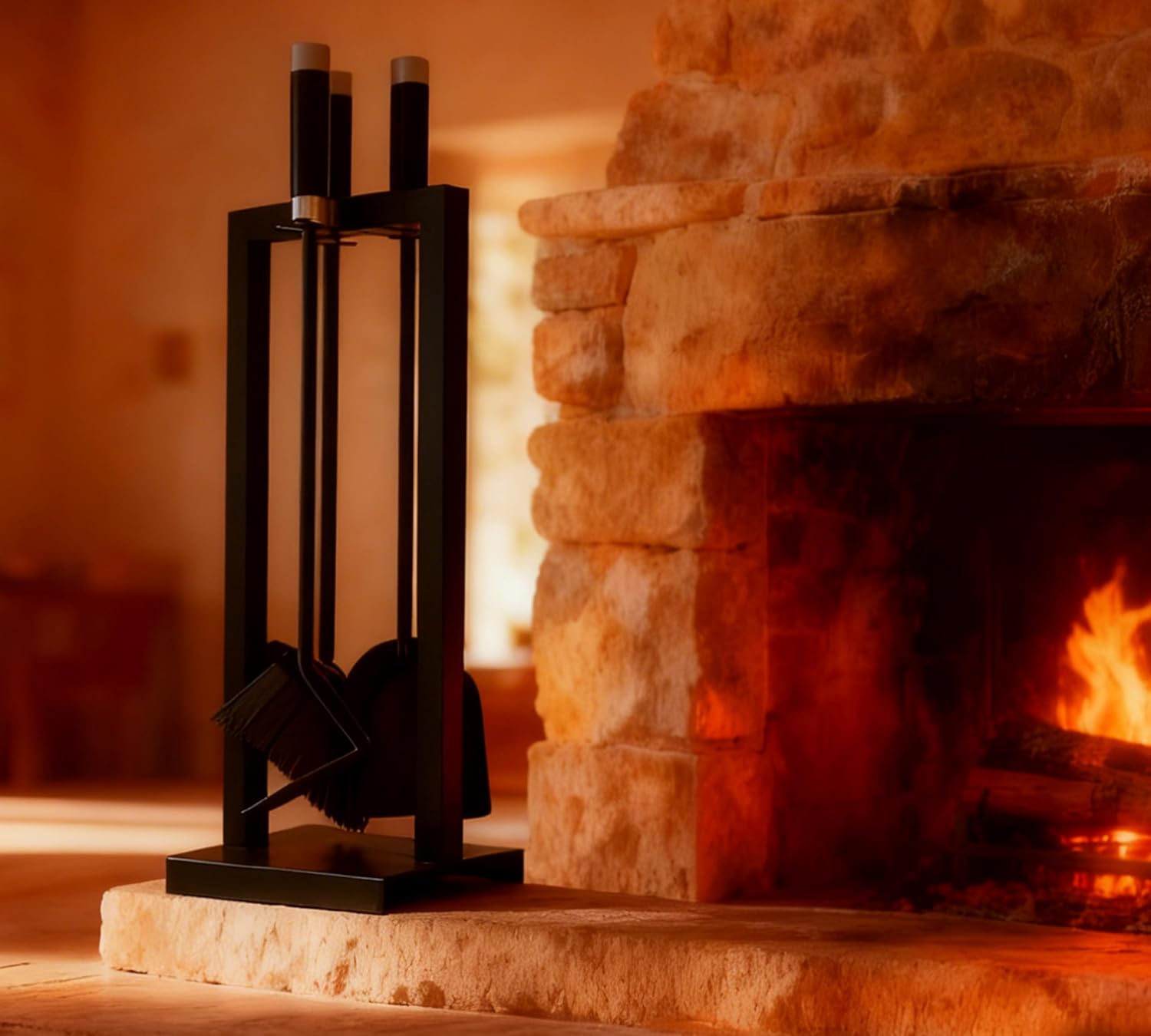 Kingson - Set Accessori Caminetto 3 Pezzi con Supporto, Nero - immagine 1