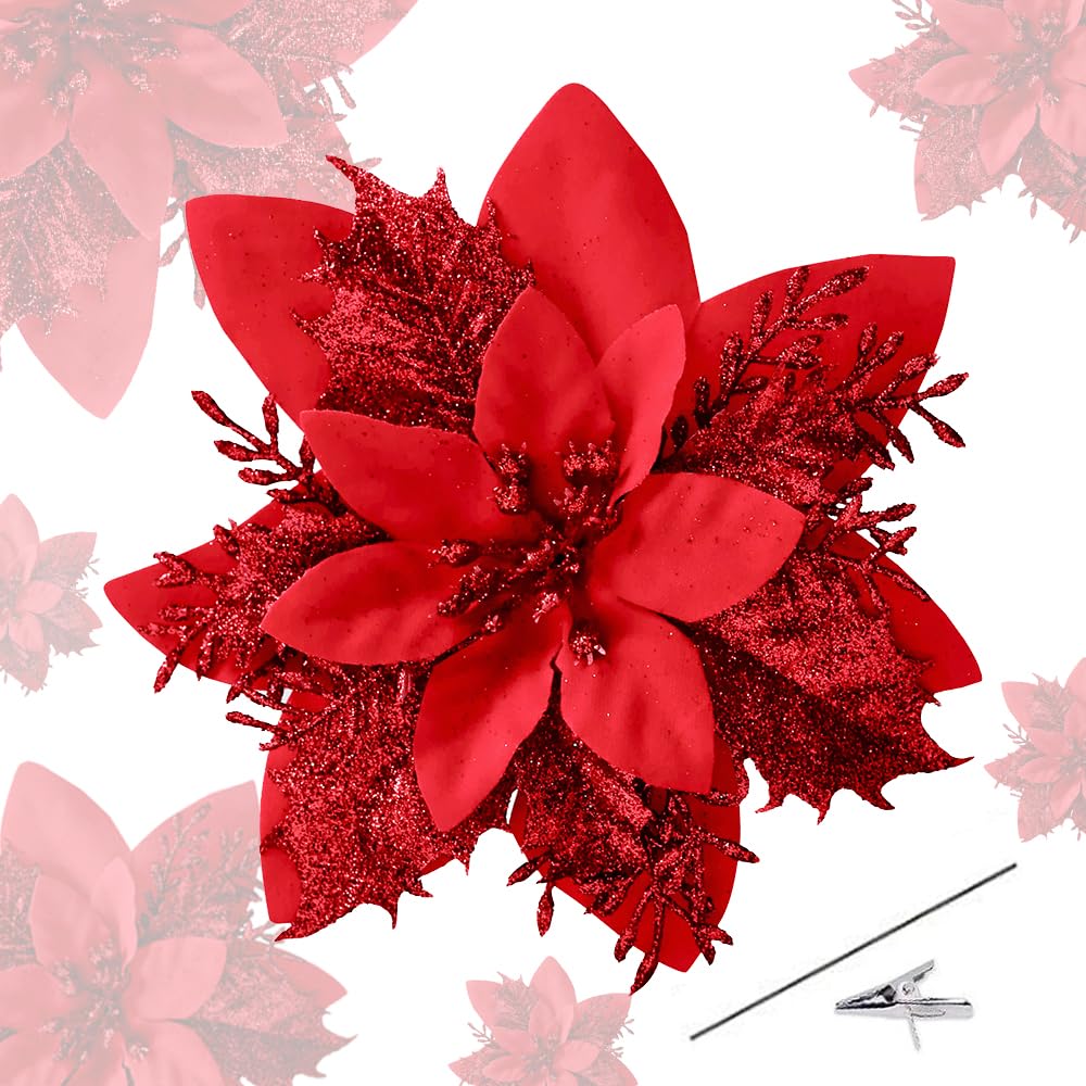 Fiori Artificiali di Natale Poinsettia Glitter 15 Pezzi