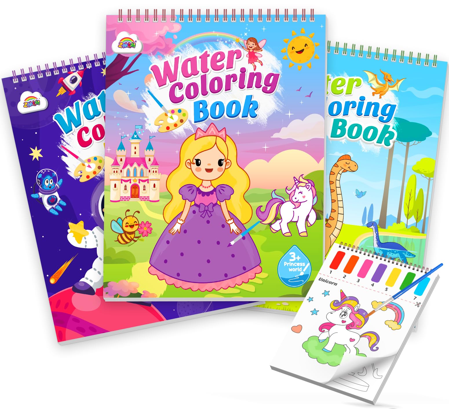 ZMLM Dipingi con Libro da Colorare ad Acqua per Bambini, Libro di Pittura ad Acquerello con Pennello, Libro Magico da Colorare Acqua per Bambini 3 4 5 6 7 8 Anni (Dinosauri+Principessa+Pianeta)