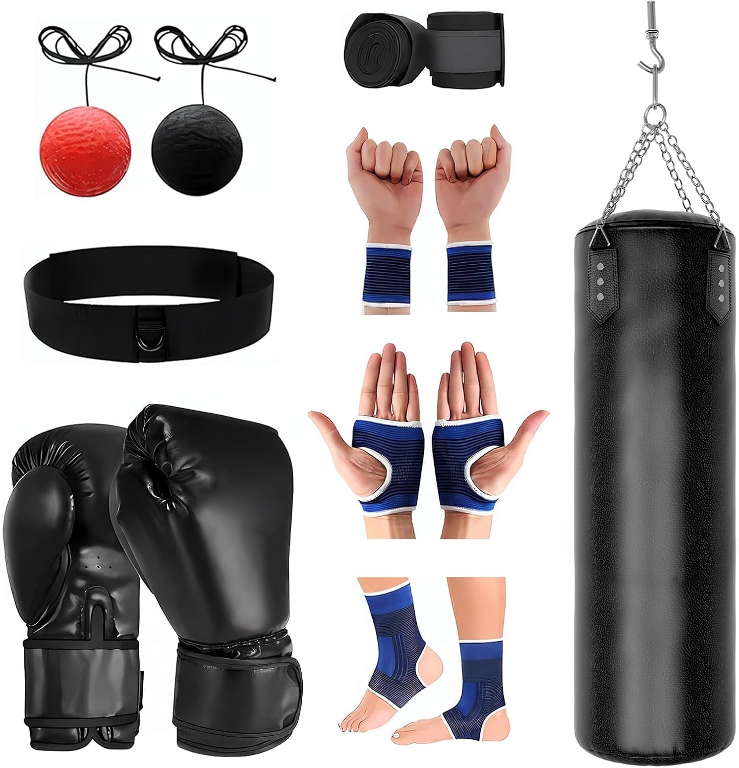 Sacco da Boxe 120CM per Adulti Set, con Guantoni da Boxe, Kit Protezioni Blu, Palla di Rimbalzo, Catena e Gancio, Sacco Boxe Per Allenamento Casa Palestra, Kickboxing, Muay Thai, Karate, Taekwondo
