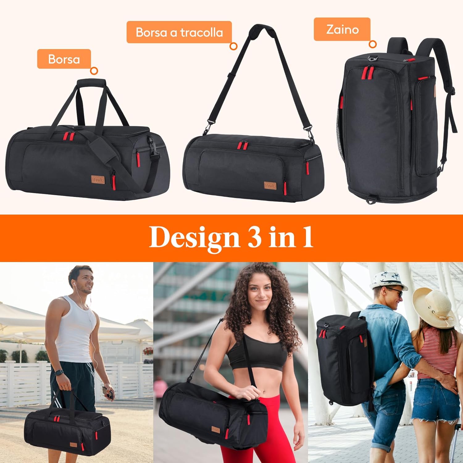 Lifewit Borsone Palestra 40L con Portascarpe, Nero - immagine 3