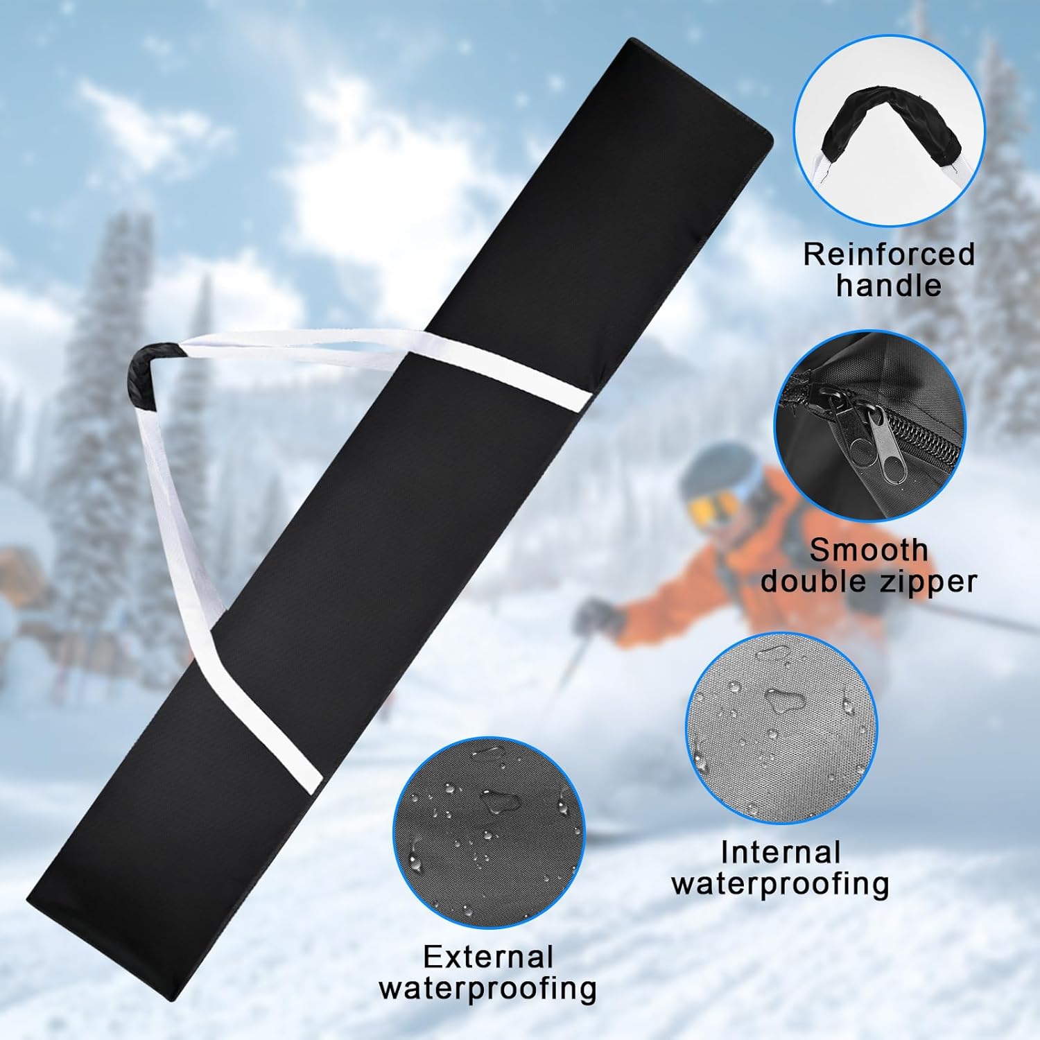 185 cm, borsa da sci per 1 paio di sci con manico e spallacci, impermeabile, borsa da sci regolabile per snowboard, sci e bastoncini - immagine 3