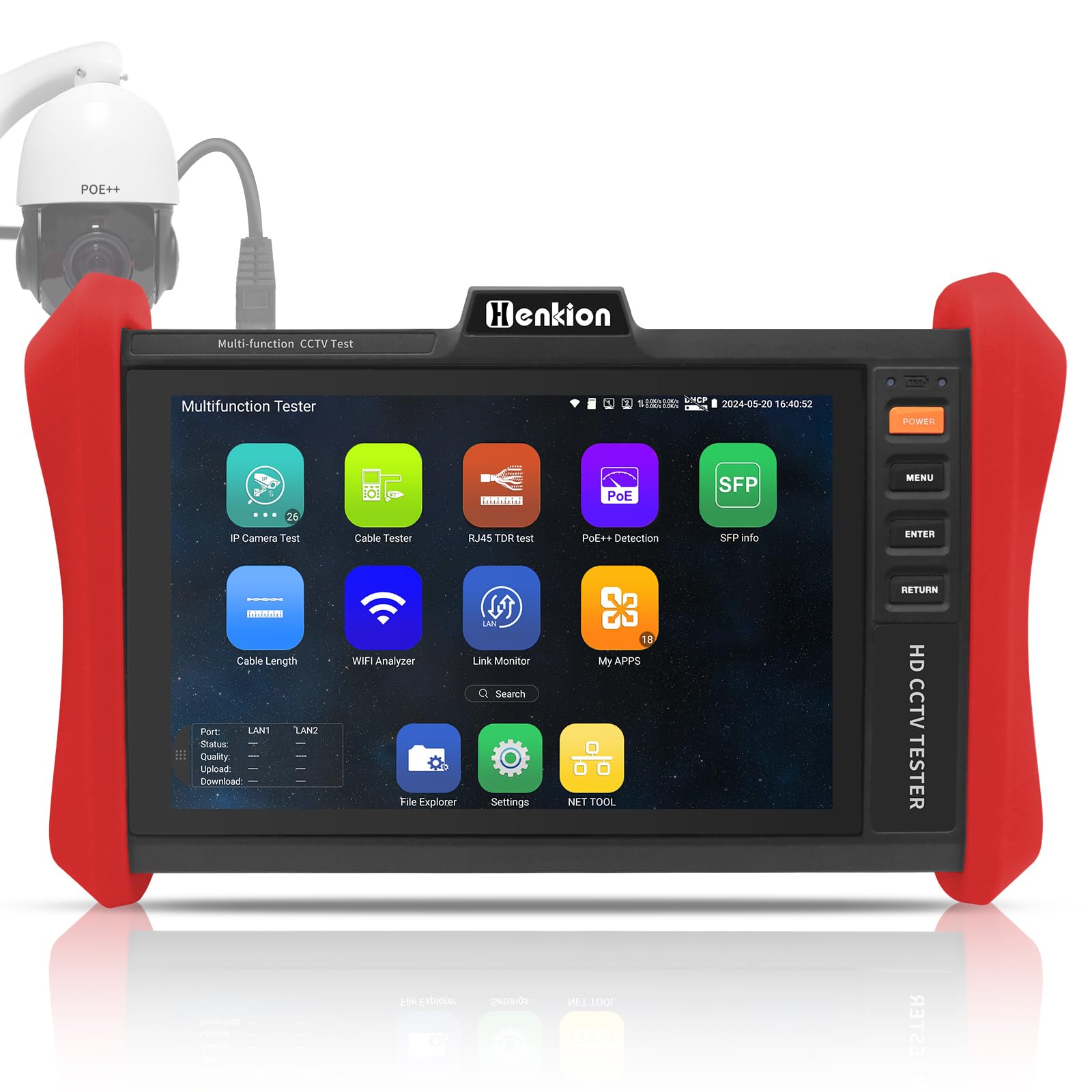 Henkion Tester CCTV Monitor 4K 12MP IP Camera Tester POE++ Max. 90W POE Camera Test 8" 1920x1200 IPS Touch screen 1CH modulo SFP Strumenti di rete Wi-Fi Test cavi Rilevamento POE gestione