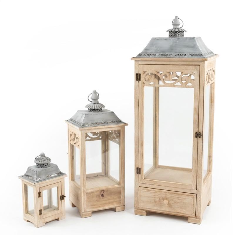 Set 3 Lanterne in Legno e Metallo Naturale/Grigio 102x33x33 cm