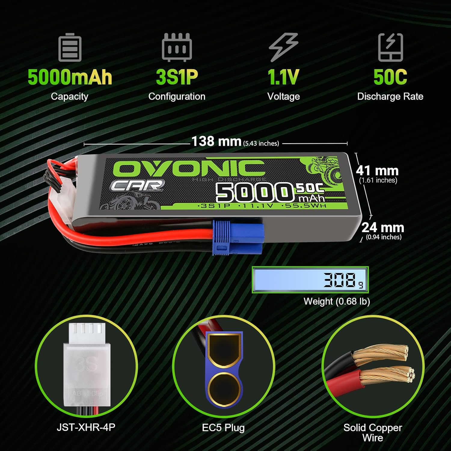 Ovonic Batteria Lipo 3S 11.1V 5000mAh 50C (2 pezzi) - immagine 2