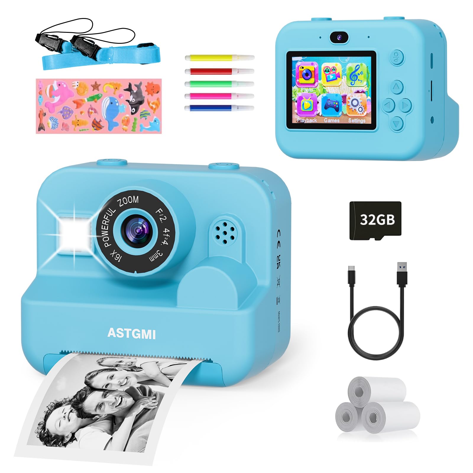 Astgmi Fotocamera Istantanea Bambini 2,4" con Scheda 32GB, Blu