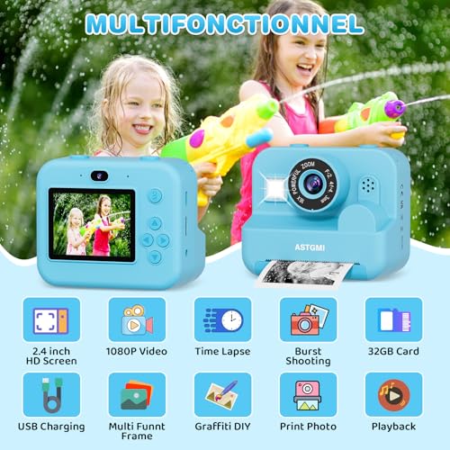 Astgmi Fotocamera Istantanea Bambini 2,4" con Scheda 32GB, Blu - immagine 2
