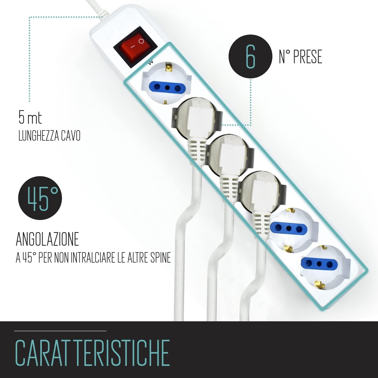 Multipresa 6 Posti con Cavo 5 Metri - immagine 4