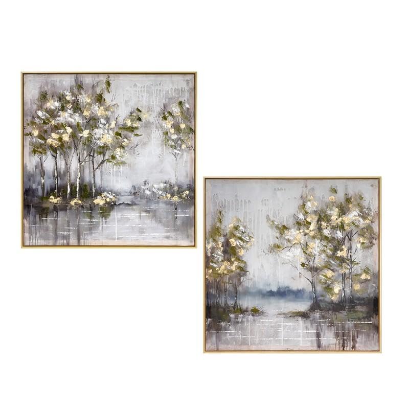 Set 2 Quadri Tela Paesaggio Rio con Cornice Legno Naturale