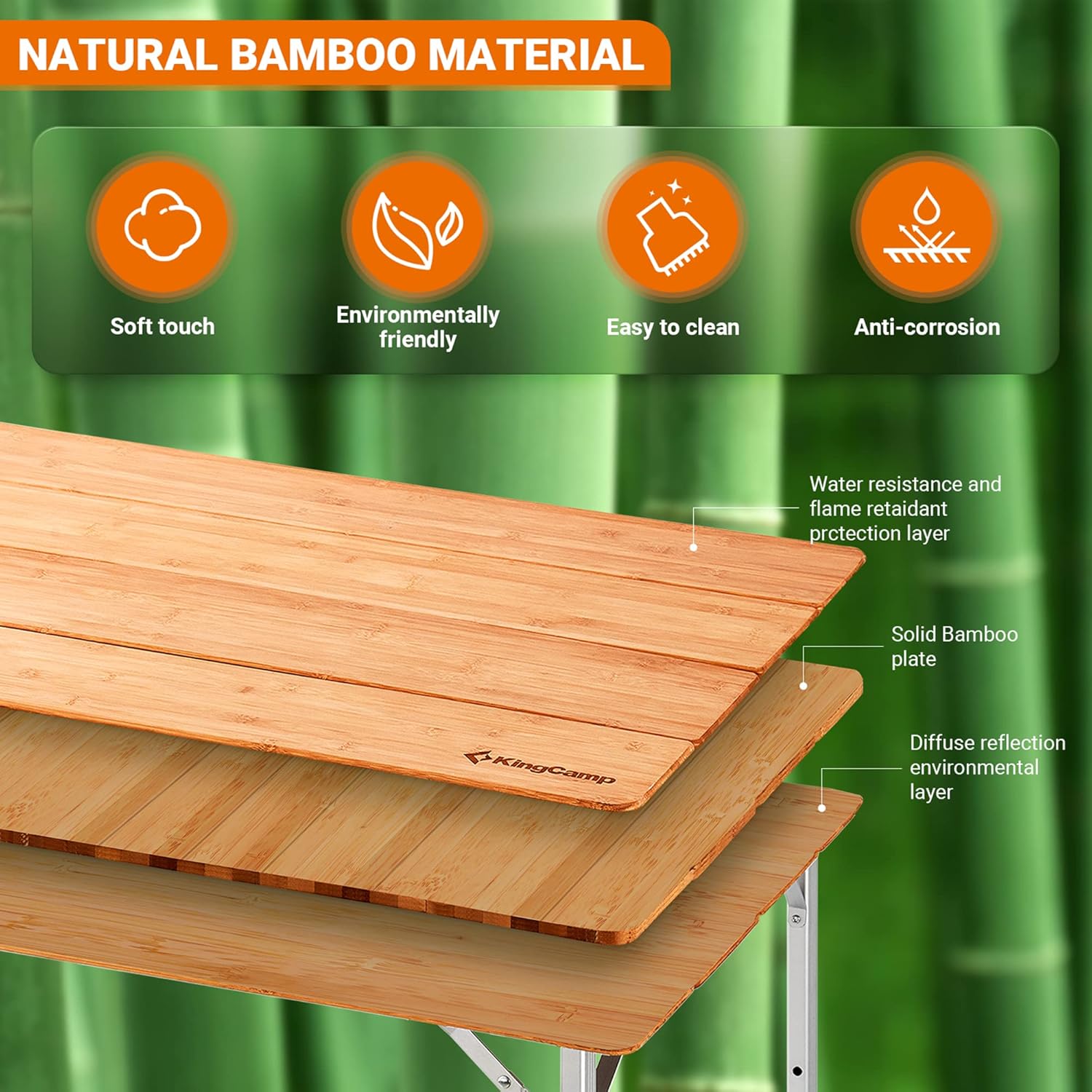 Kingcamp Tavolo Pieghevole in Bamboo 100x65cm - immagine 6