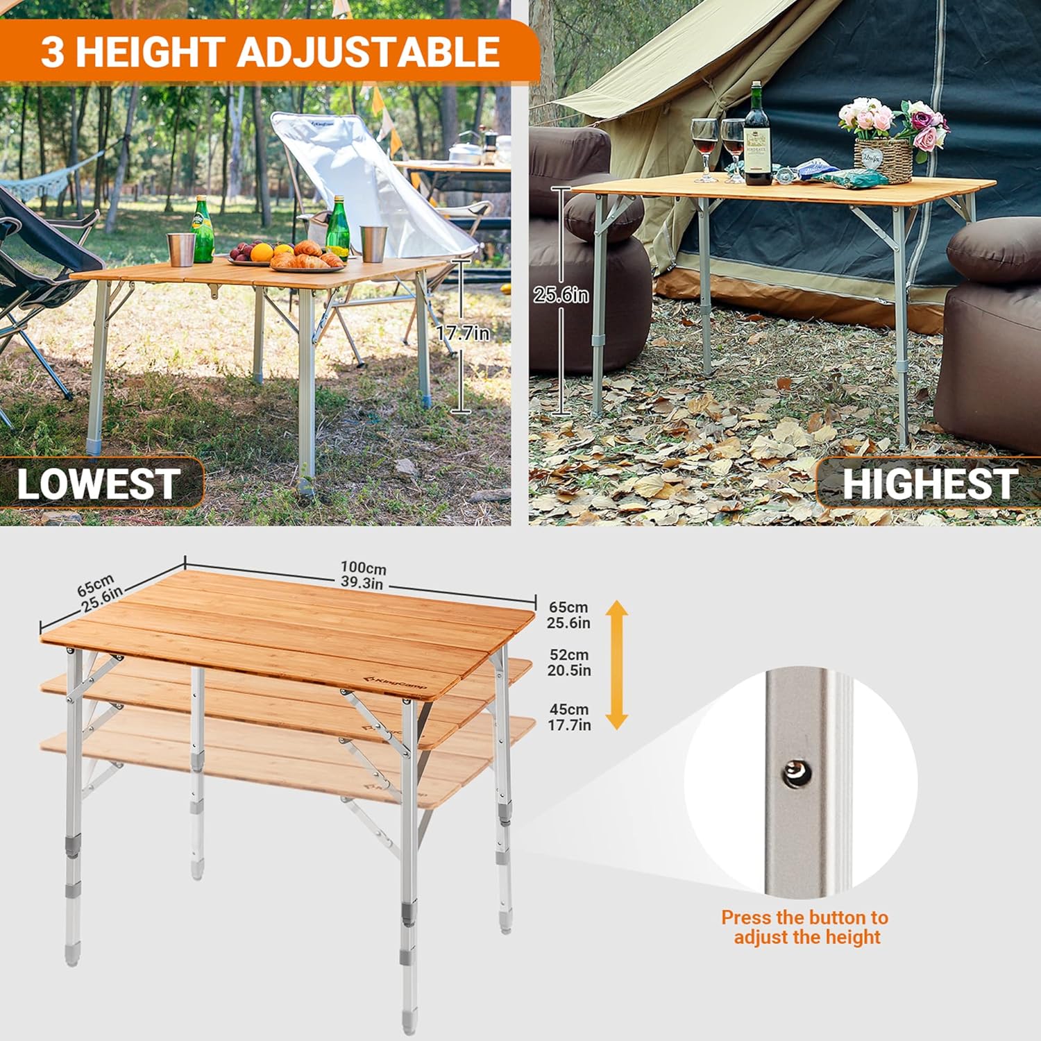 Kingcamp Tavolo Pieghevole in Bamboo 100x65cm - immagine 7