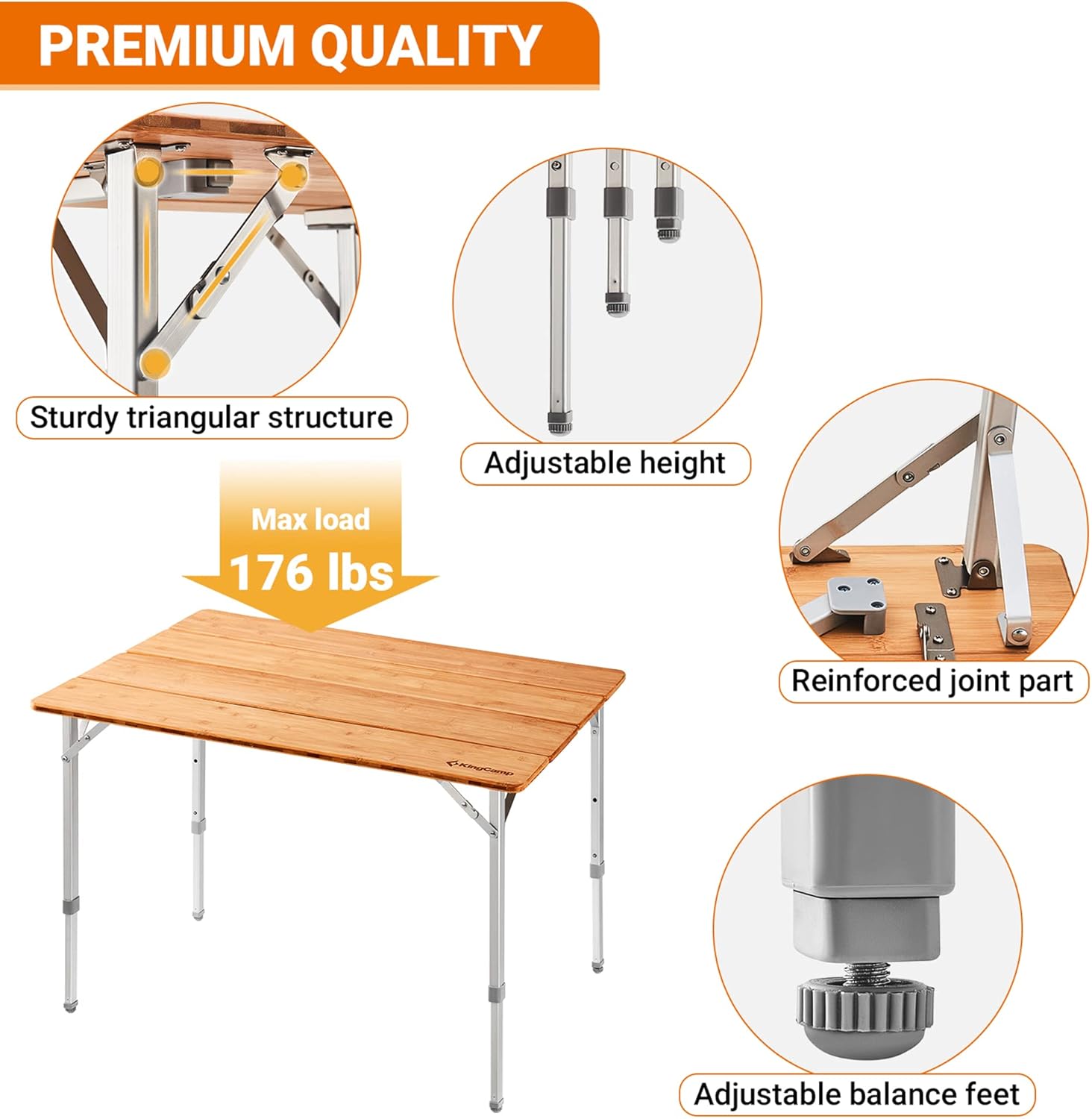 Kingcamp Tavolo Pieghevole in Bamboo 100x65cm - immagine 8