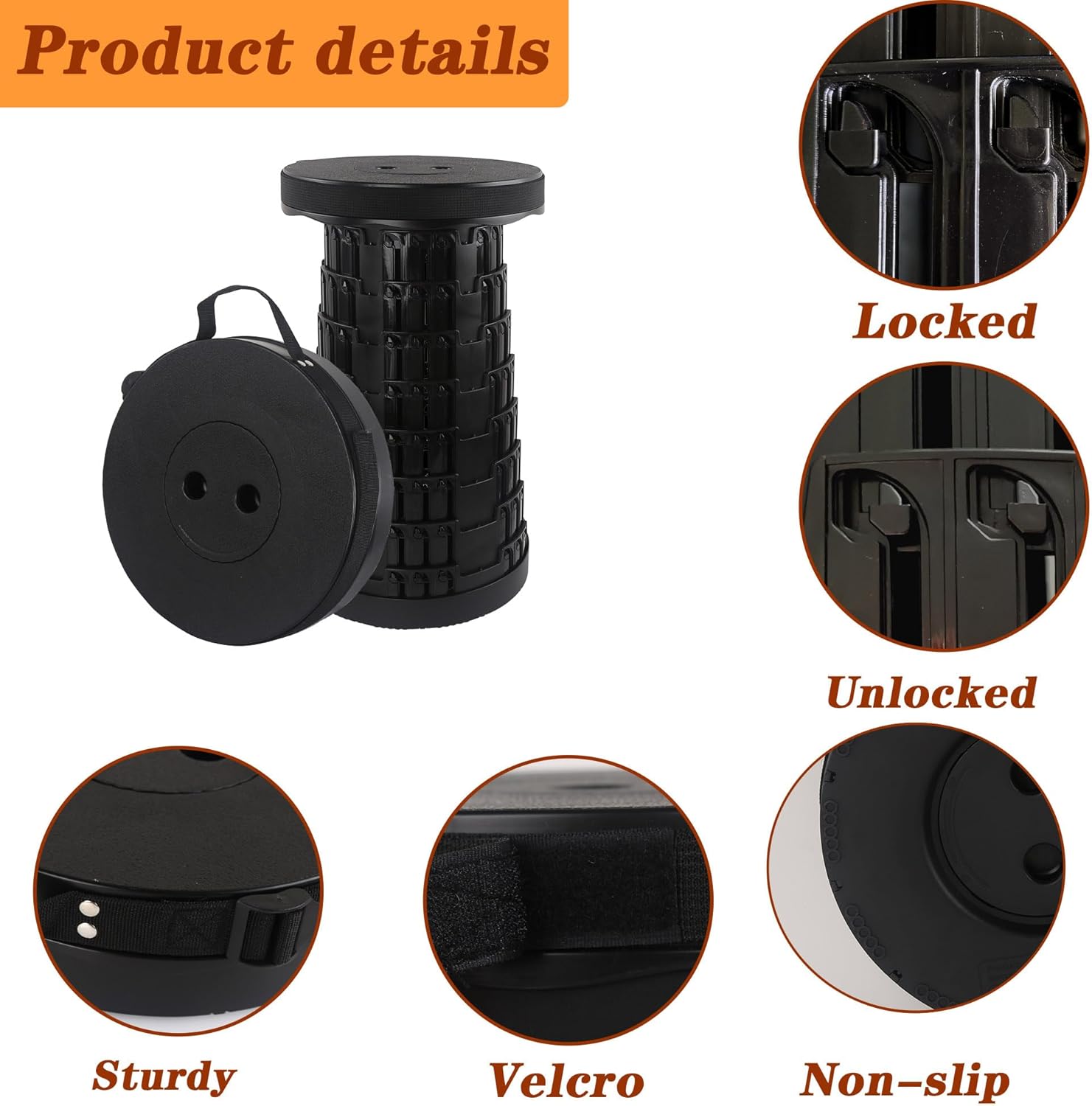 Sgabello Pieghevole Portatile (2 pezzi), Nero - immagine 2