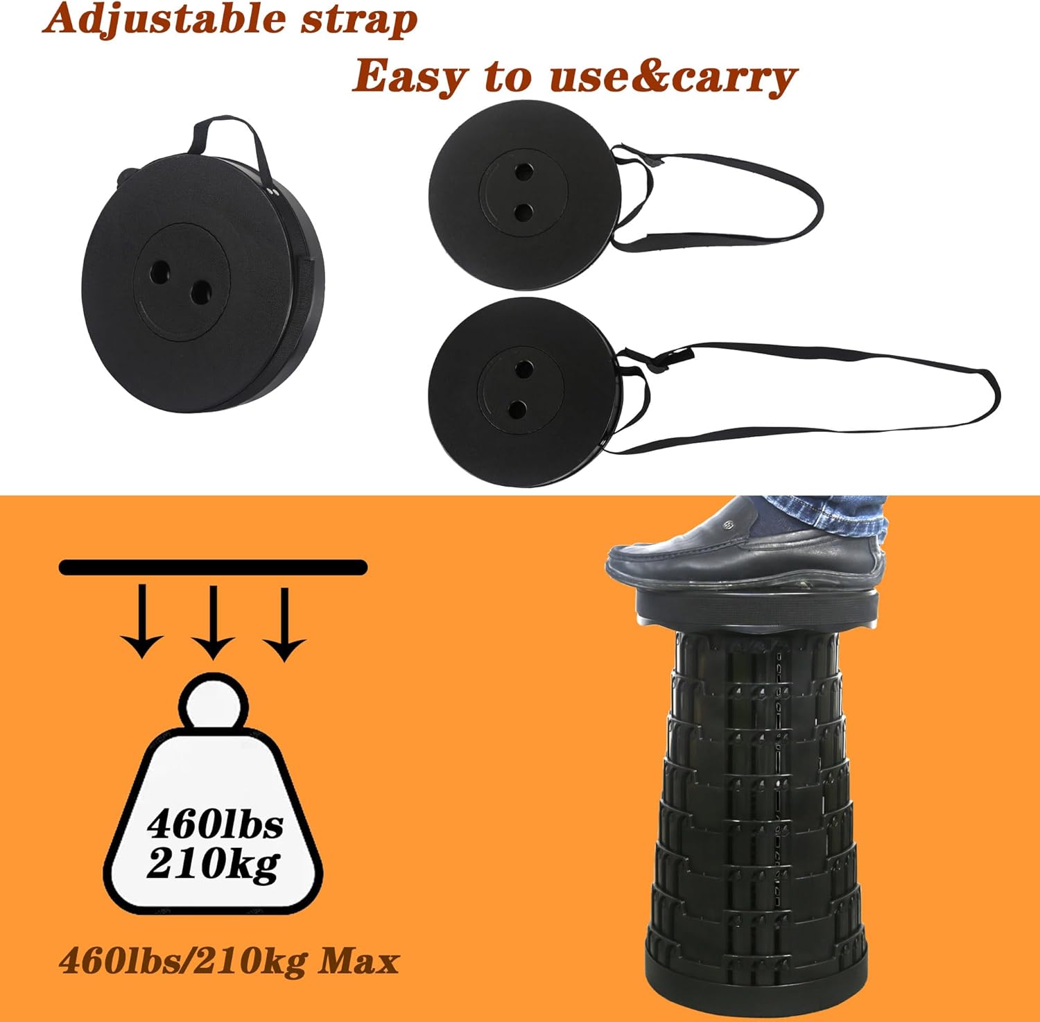 Sgabello Pieghevole Portatile (2 pezzi), Nero - immagine 4