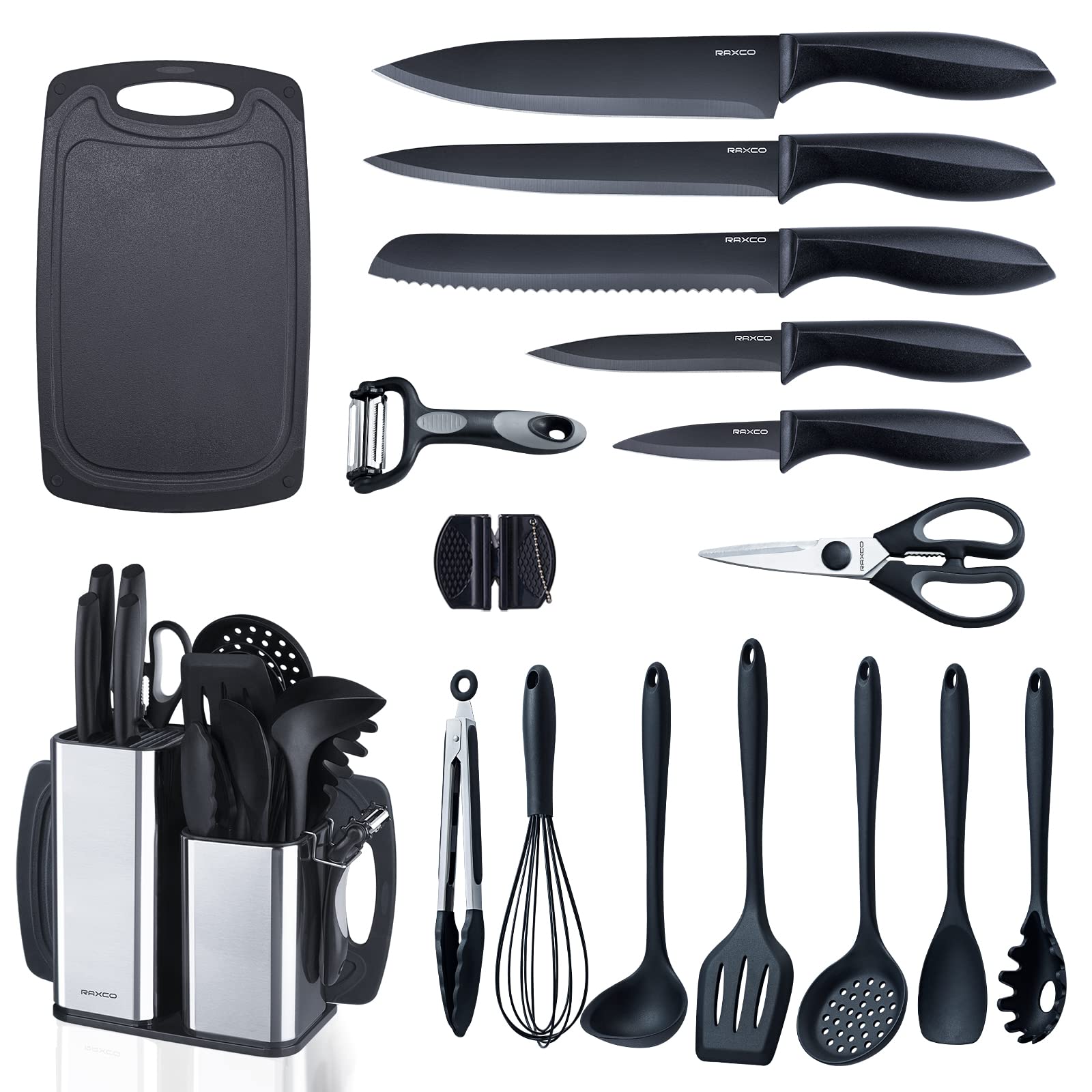 Raxco Set Coltelli da Cucina con Blocco 18 Pezzi, Nero