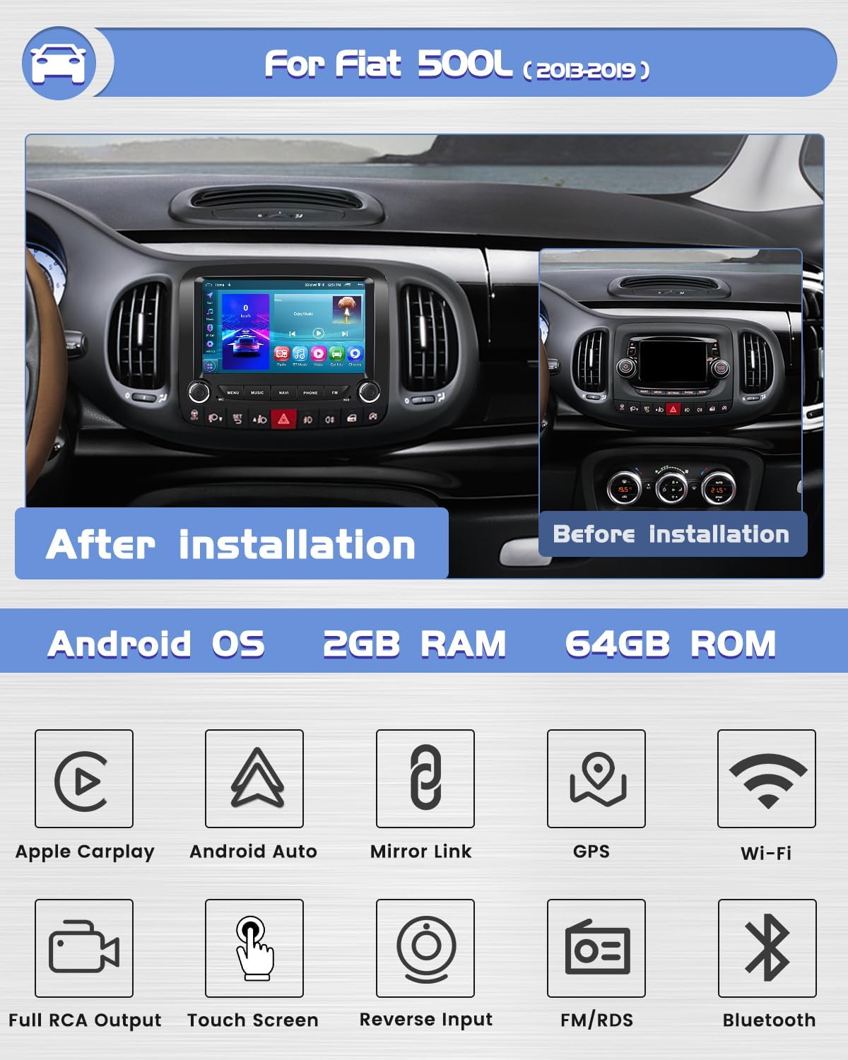 Hikity Android 13 Autoradio 7" per Fiat 500L 2013-2019 - immagine 2
