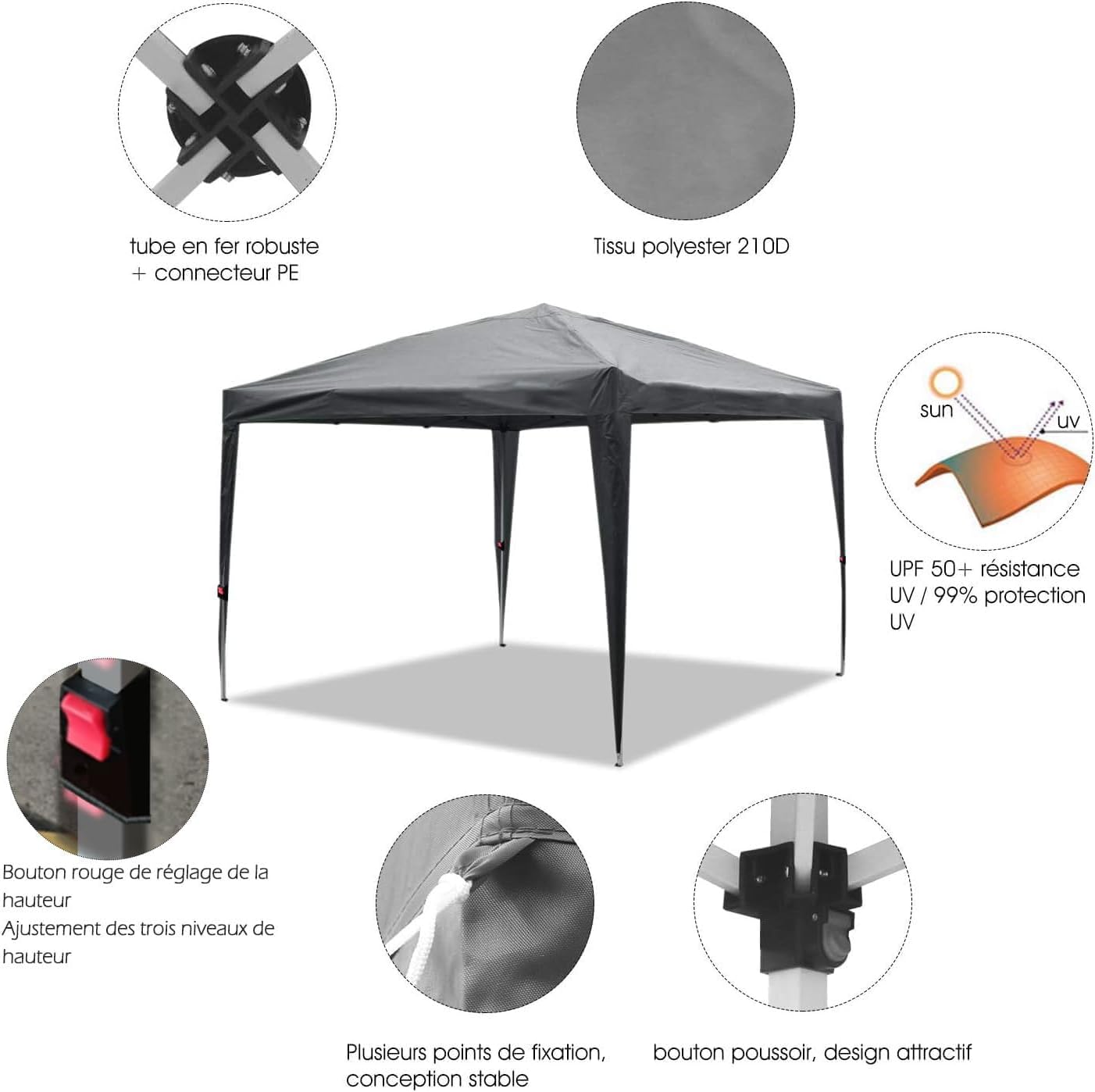 Ise Gazebo Pieghevole 3x3 Impermeabile UV50+, Grigio - immagine 2