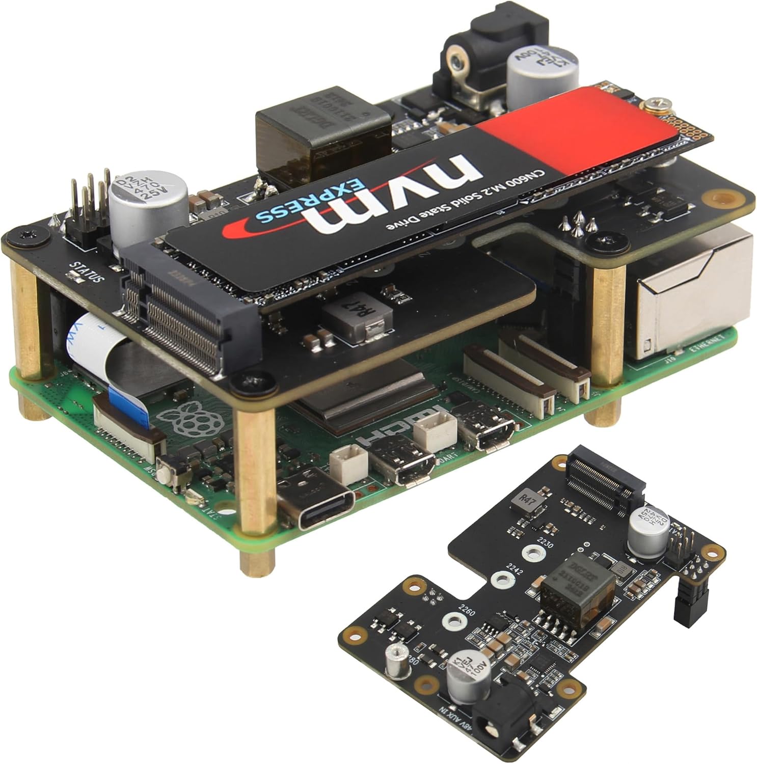 Geekworm X1012 PCIe to M.2 HAT NVMe SSD Shield Support PoE for Raspberry Pi 5 - immagine 1