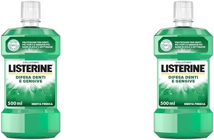 LISTERINE Collutorio Difesa Denti e Gengive, Al gusto di Menta Fresca, Collutorio gengive infiammate per denti forti, Con Fluoruro, Igiene orale per Gengive sane, 500 ml (Confezione da 2)