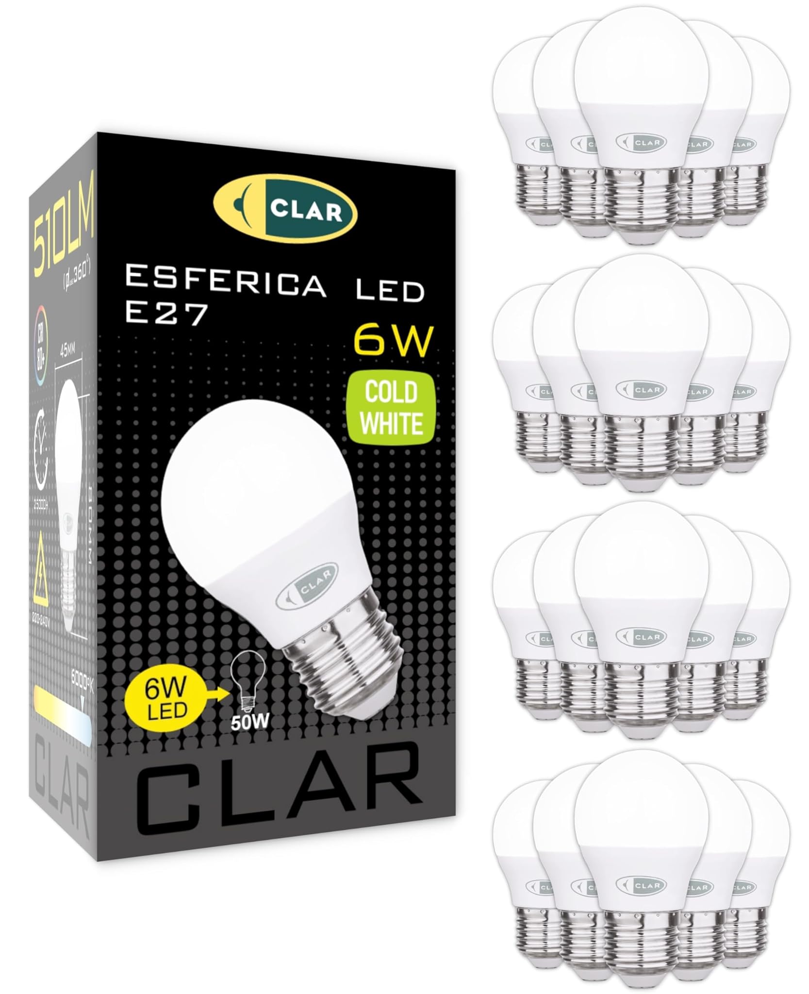 Clar Lampadina LED E27 G45 6W Luce Fredda