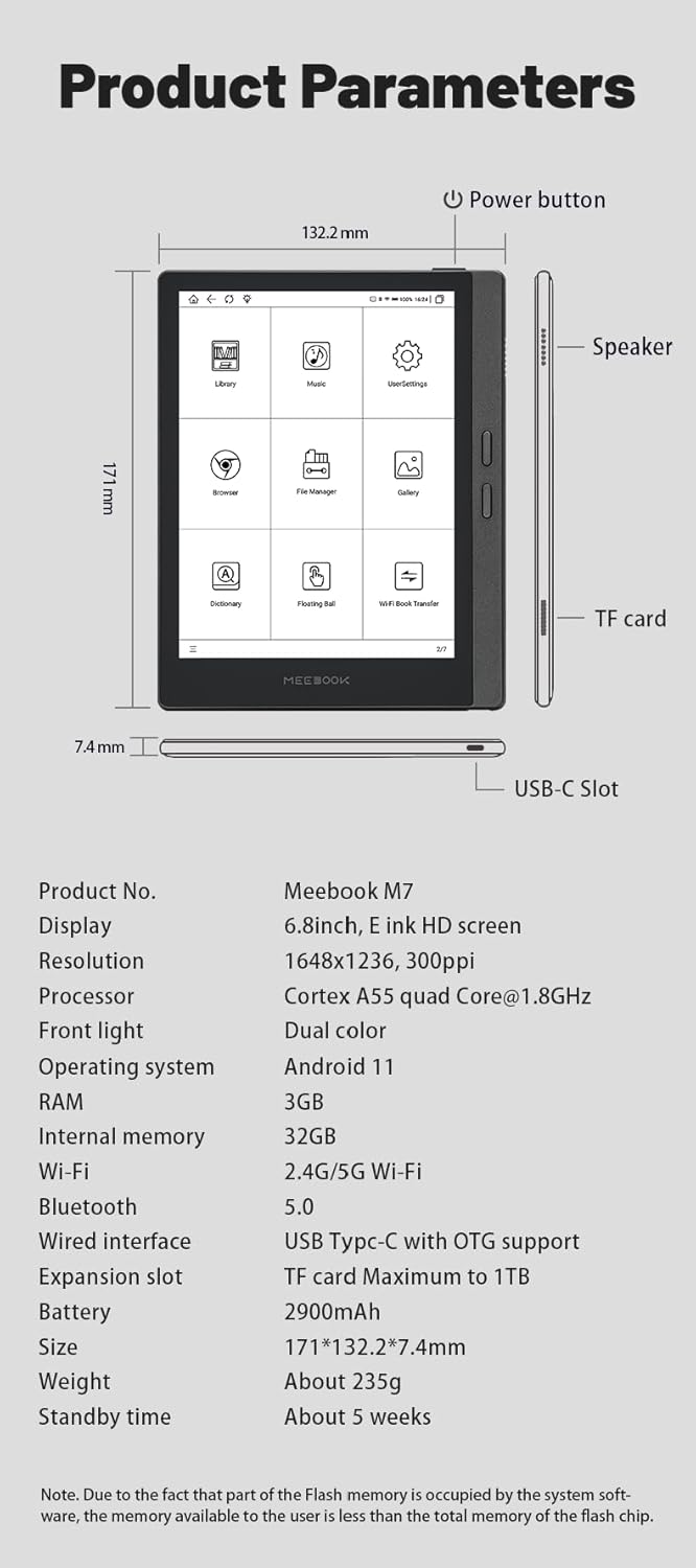 Meebook E-Reader M7 - 6,8" Eink Carta, Android 11 - immagine 9