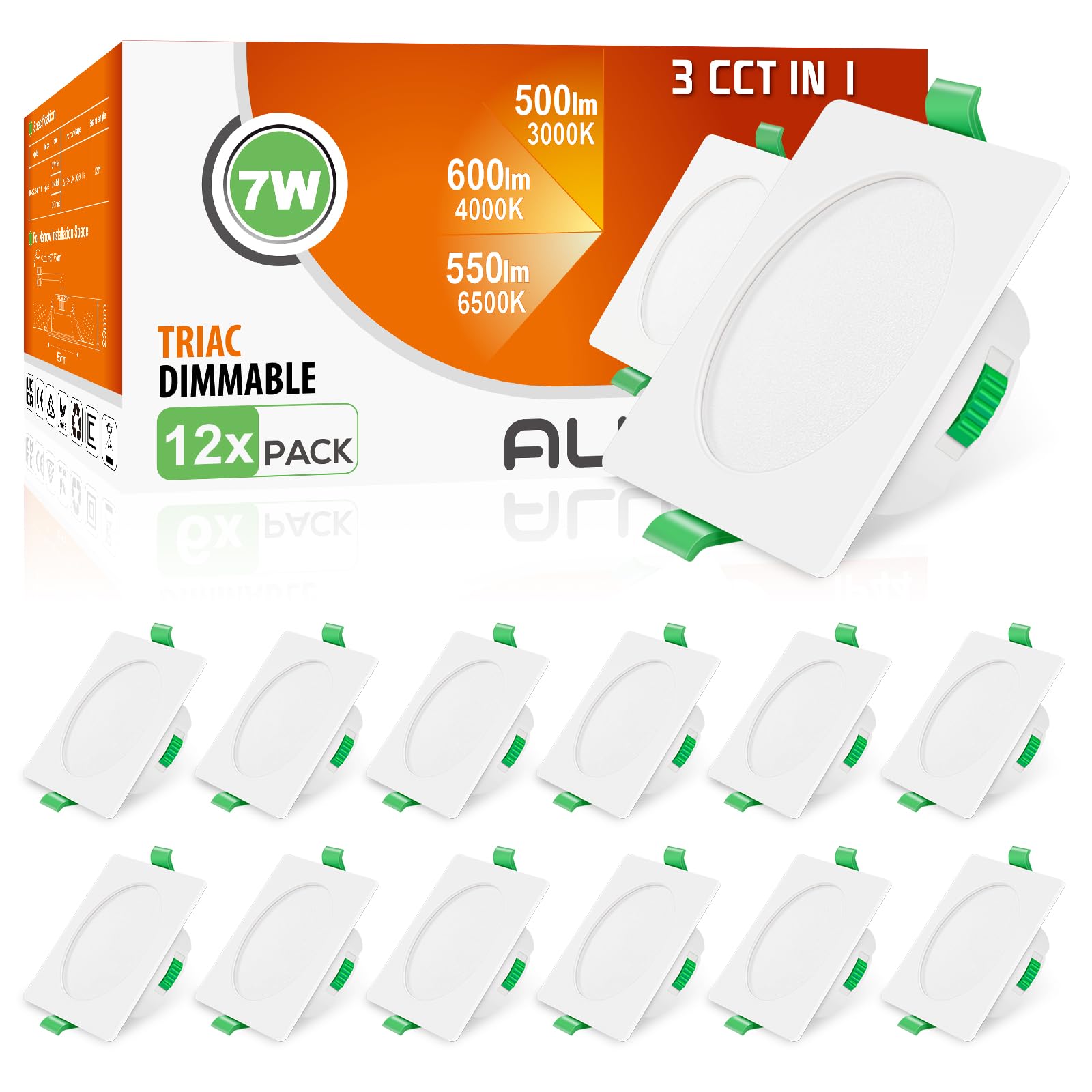 Alusso Faretti LED da Incasso Dimmerabili 7W IP44, Set 12