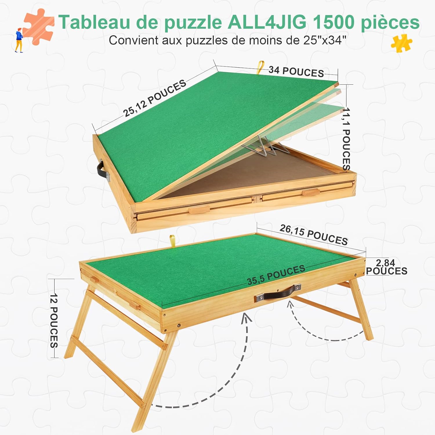 Tavolo Puzzle Portatile con Gambe e Cassetti 1500 Pezzi - immagine 2