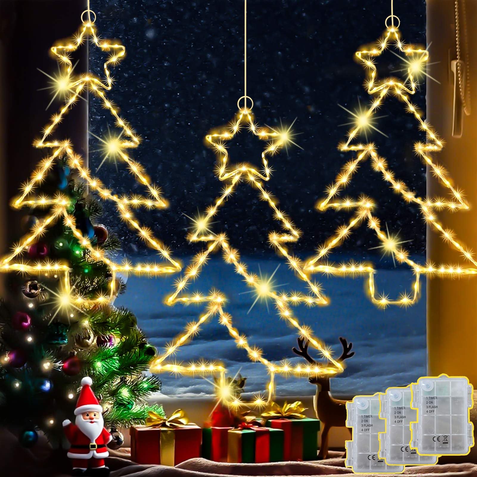 3 Pezzi Luci Albero di Natale 55 LED per Esterno