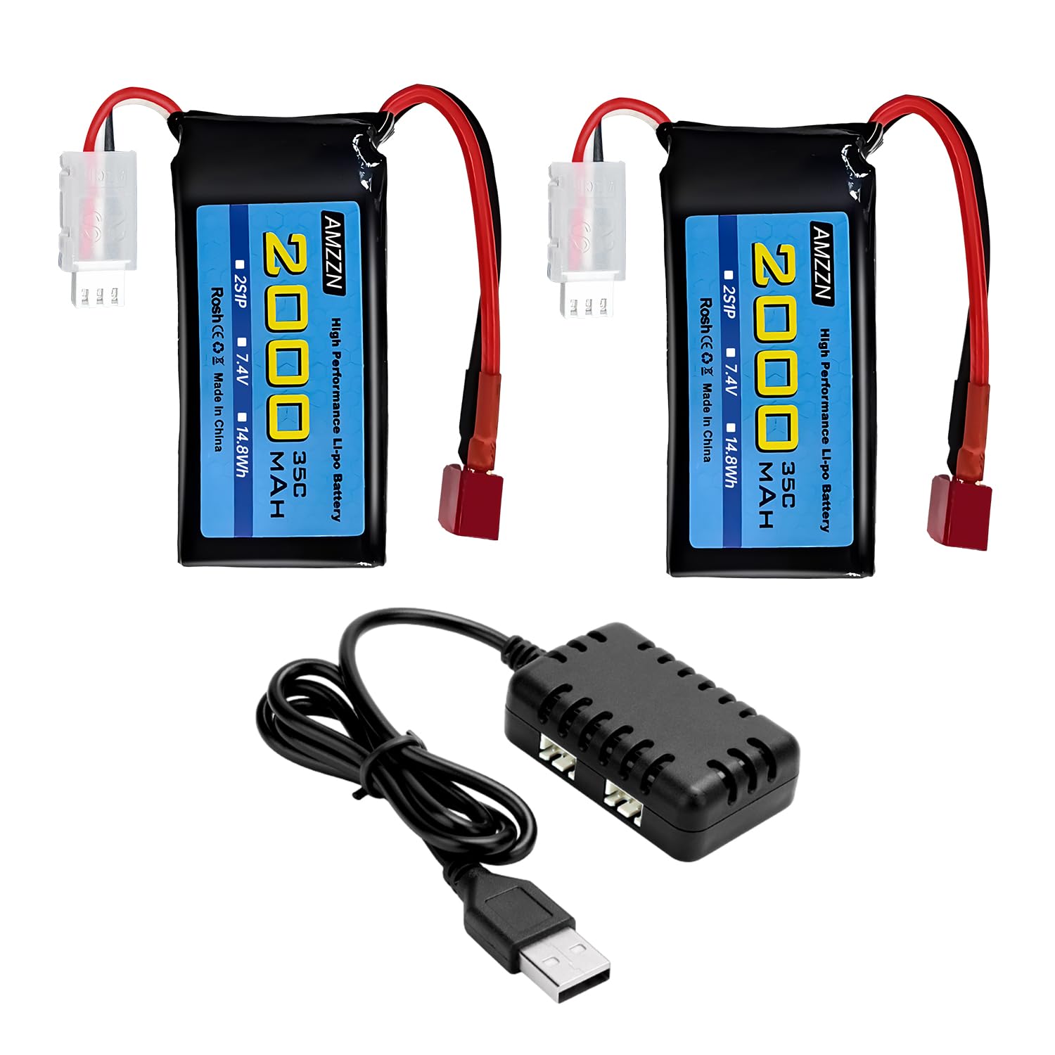 Amzzn 2PCS 7.4V 2000mAh 35C 2S Lipo Batteria T-plug
