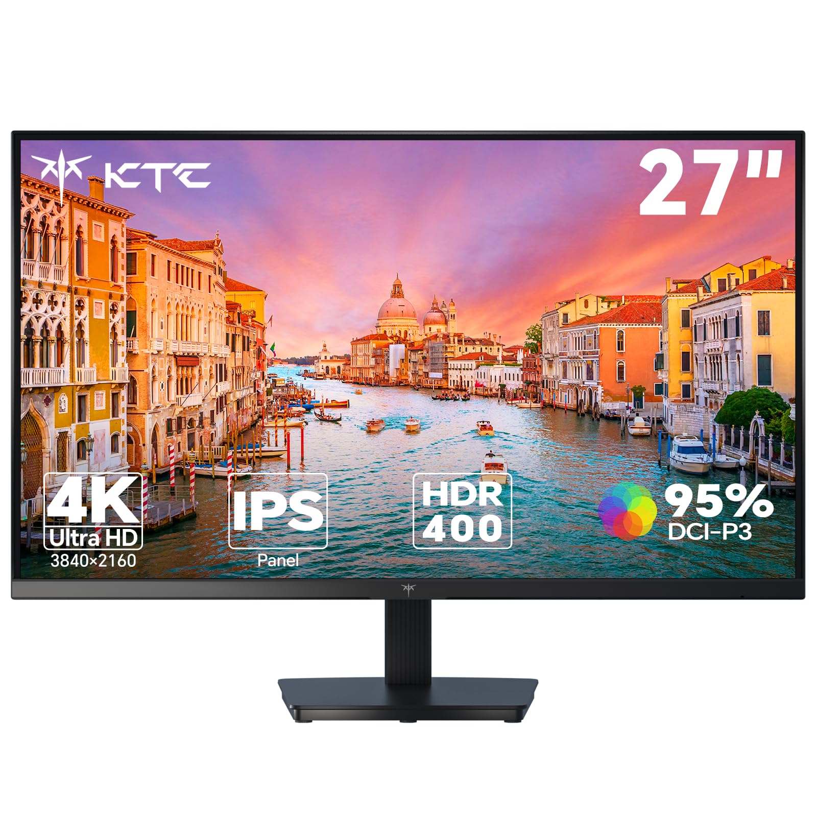 KTC Monitor 4K 27 Pollici | UHD@60Hz | 1,07 Miliardi di Colori, 133% sRGB, 100% DCI-P3, ΔE＜2 | Luminosità 400 cd/㎡, HDR400 | VESA 100x100 | Filtro Anti-Luce Blu | 2 x HDMI 2.0, 1 x DP 1.4 | H27P27